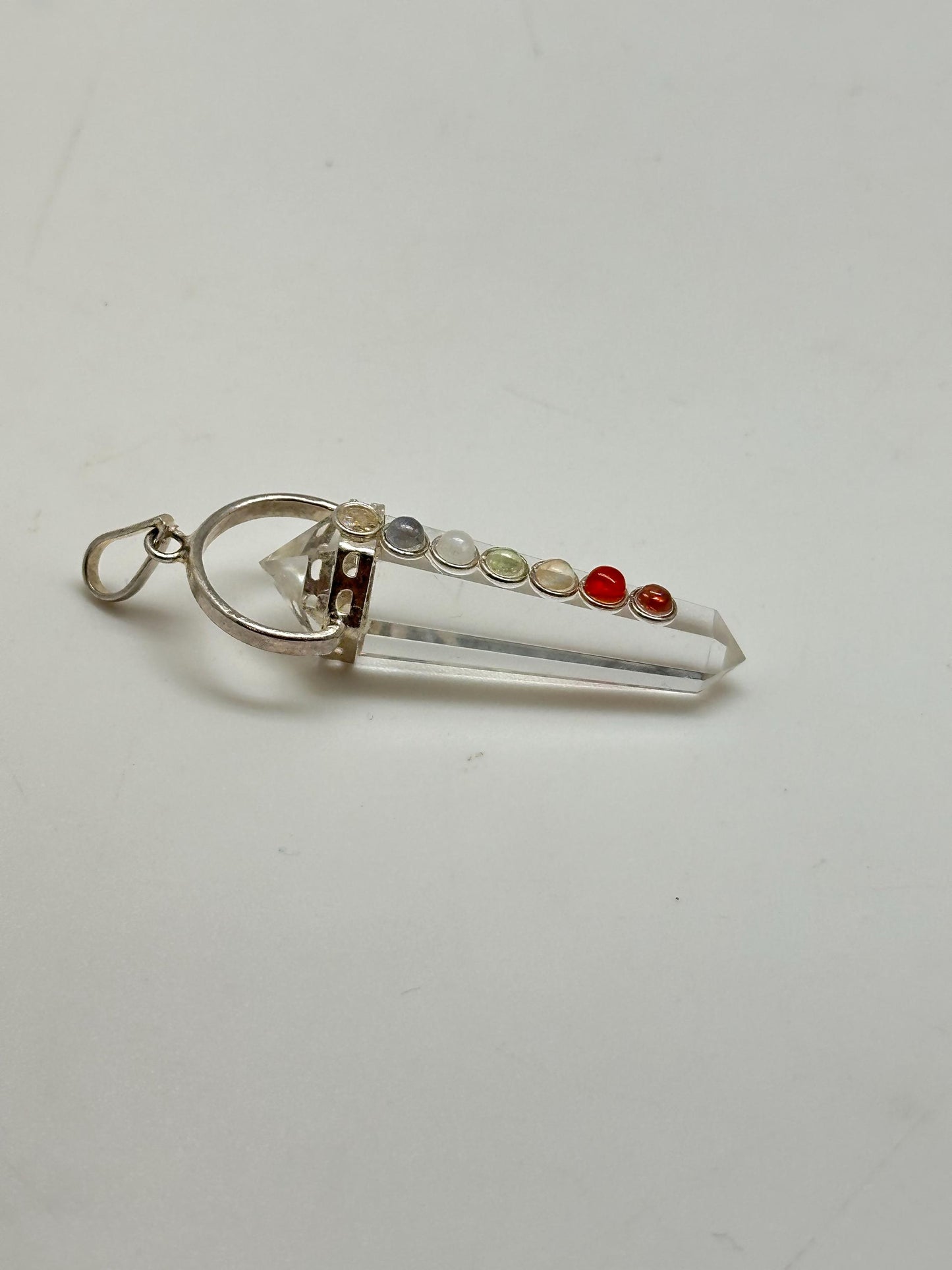 Quartz crystal pendant, point pendant, seven chakra natural gemstone, handcrafted, sterling silver