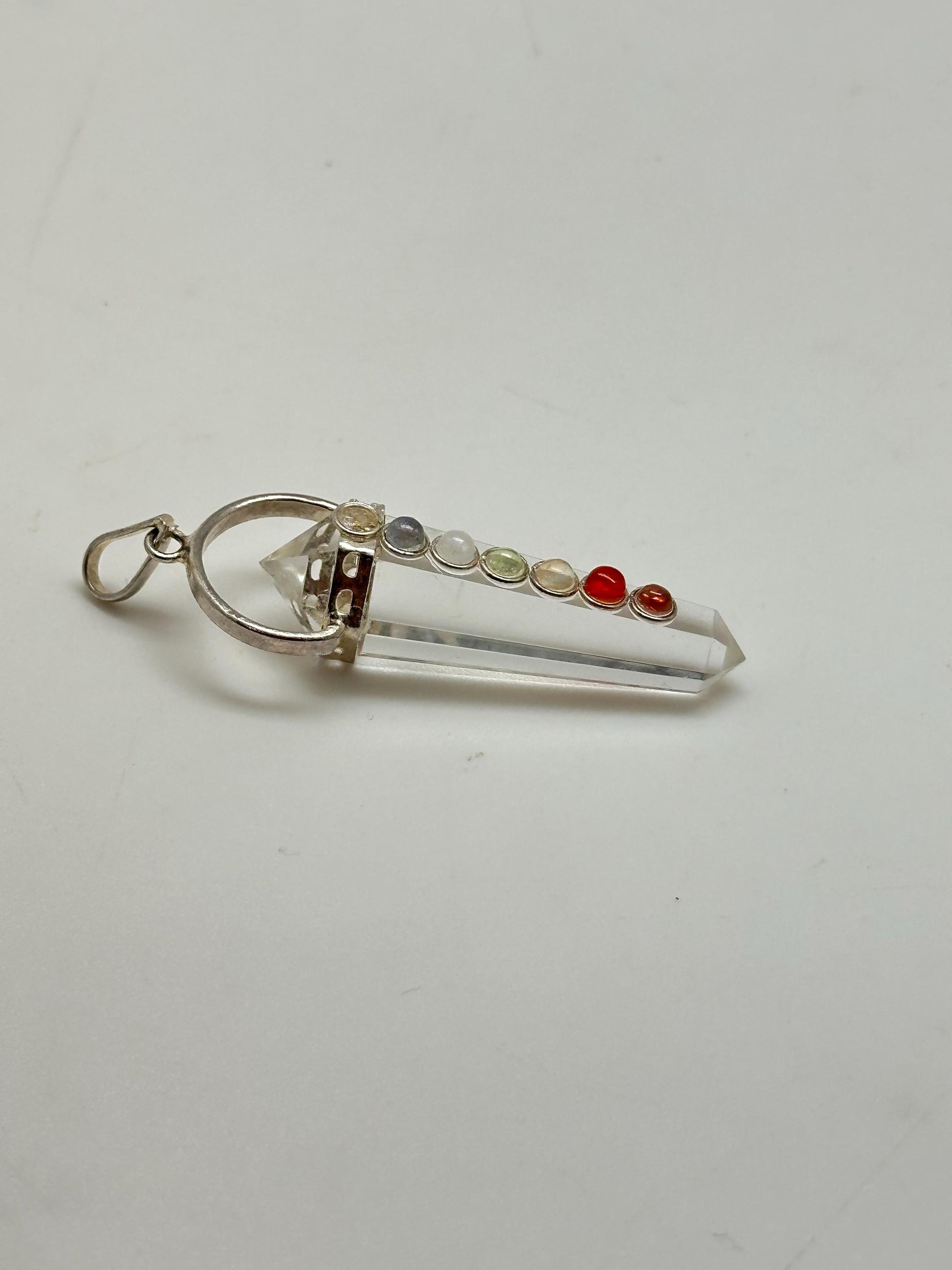 Quartz crystal pendant, point pendant, seven chakra natural gemstone, handcrafted, sterling silver