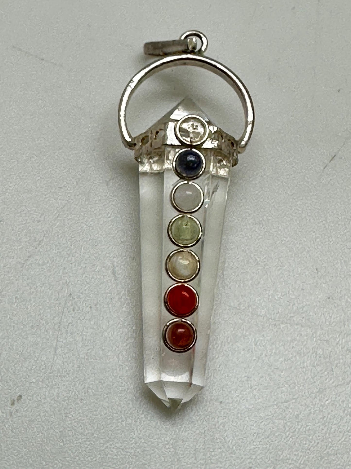 Quartz crystal pendant, point pendant, seven chakra natural gemstone, handcrafted, sterling silver