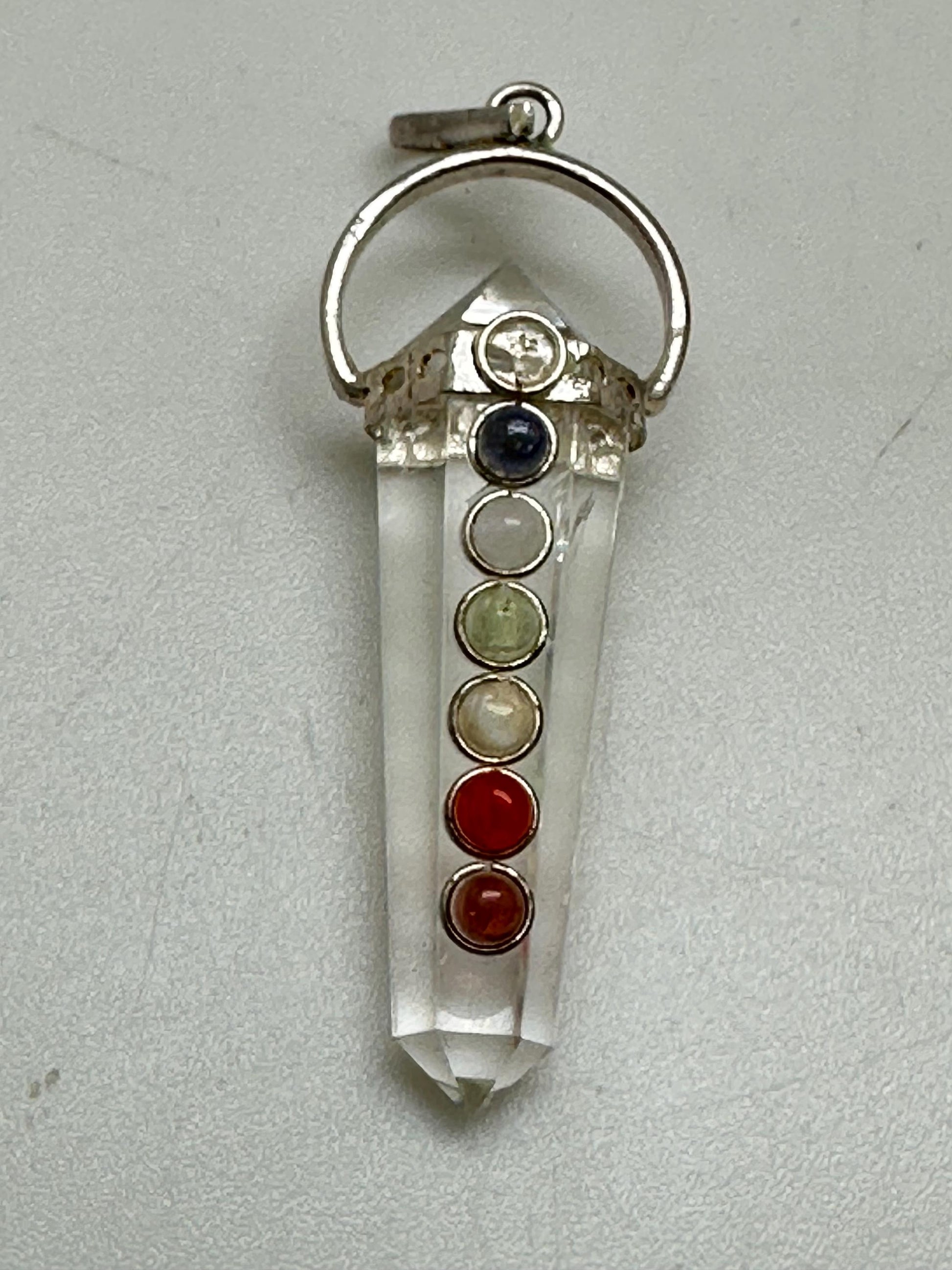 Quartz crystal pendant, point pendant, seven chakra natural gemstone, handcrafted, sterling silver
