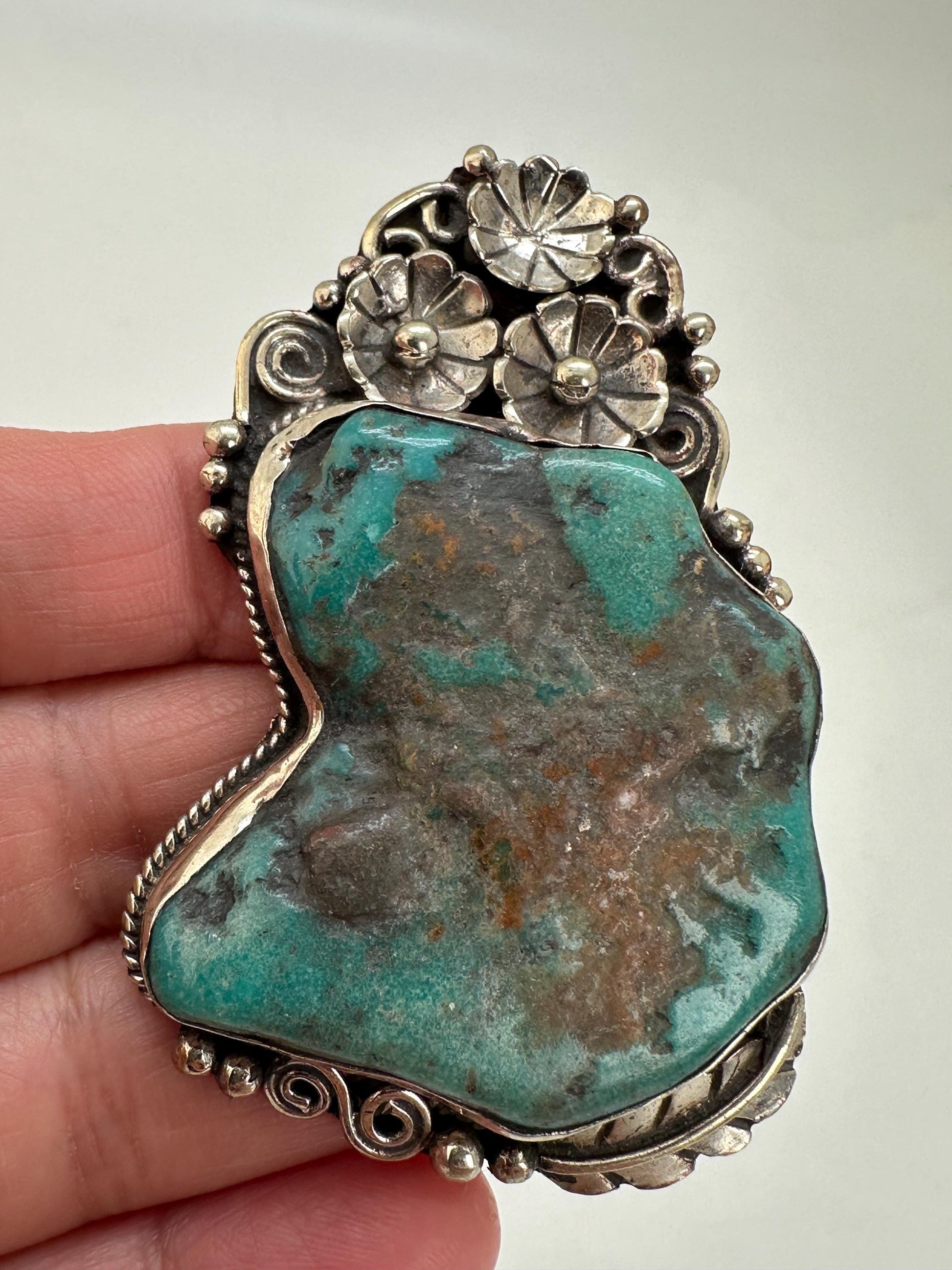 Turquoise pendant,handcrafted,floral design, ethnic style,Tibetan silver,Nepalese,41mmX61mm with bail