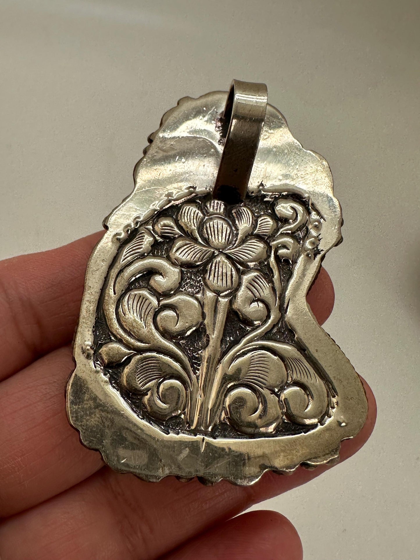 Turquoise pendant,handcrafted,floral design, ethnic style,Tibetan silver,Nepalese,41mmX61mm with bail