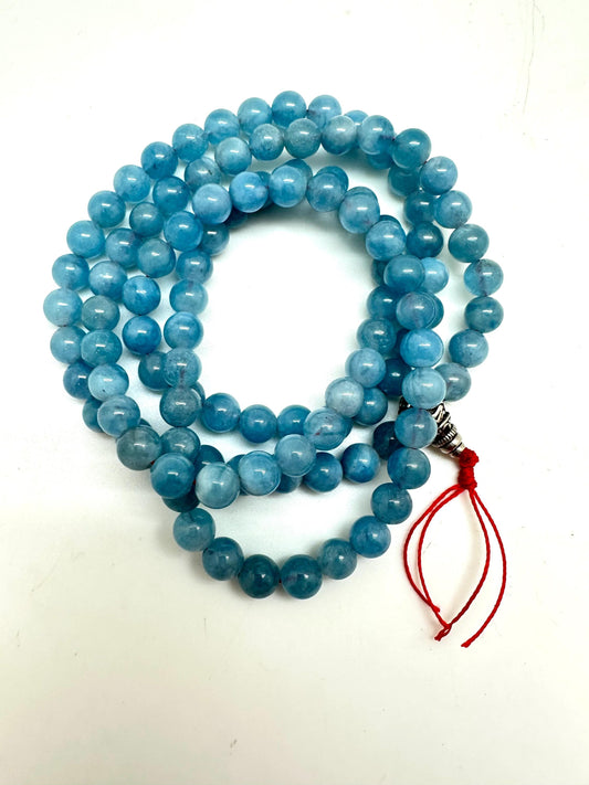 Tibetan Buddhist prayer mala, Aquamarine 108 beads, natural stone, sterling silver guru bead, handcrafted,8.3mm