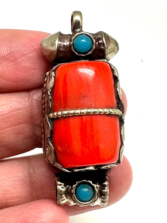 Bamboo coral,handcrafted,tibetan silver,ethnic style, turquoise,43mmX17mm