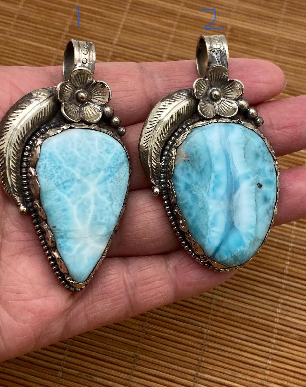 larimar pendant, handcrafted, Tibetan silver, floral design, Himalayan, Nepalese