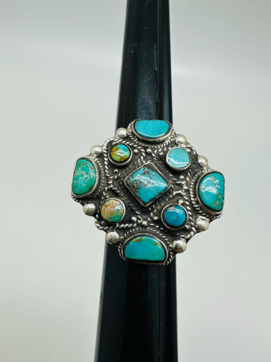 Turquoise ring, handcrafted, sterling silver, ethnic style, adjustable ,35.4mm X34.2mm