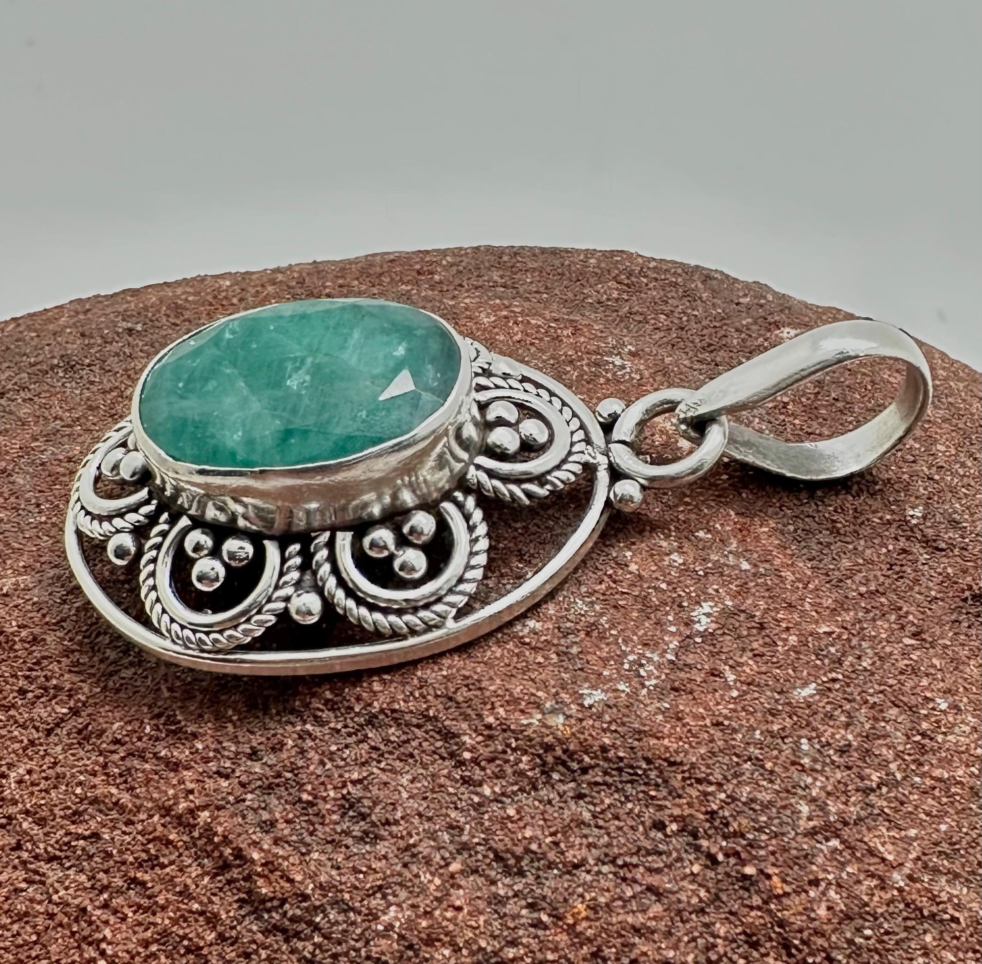 Emerald pendant ,sterling silver, handcrafted, floral pendant, 22.2mmX43.7mm including bail