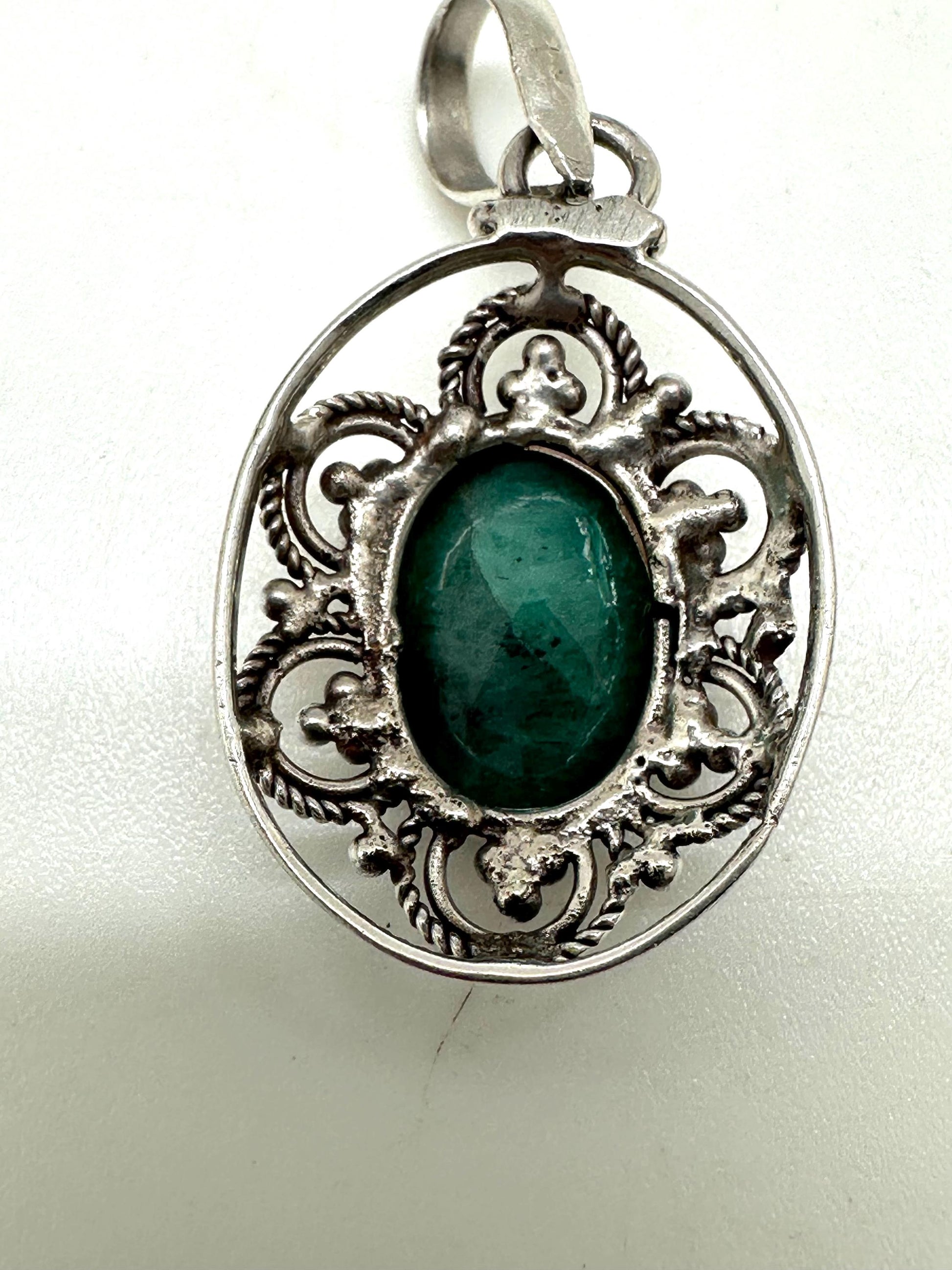 Emerald pendant ,sterling silver, handcrafted, floral pendant, 22.2mmX43.7mm including bail