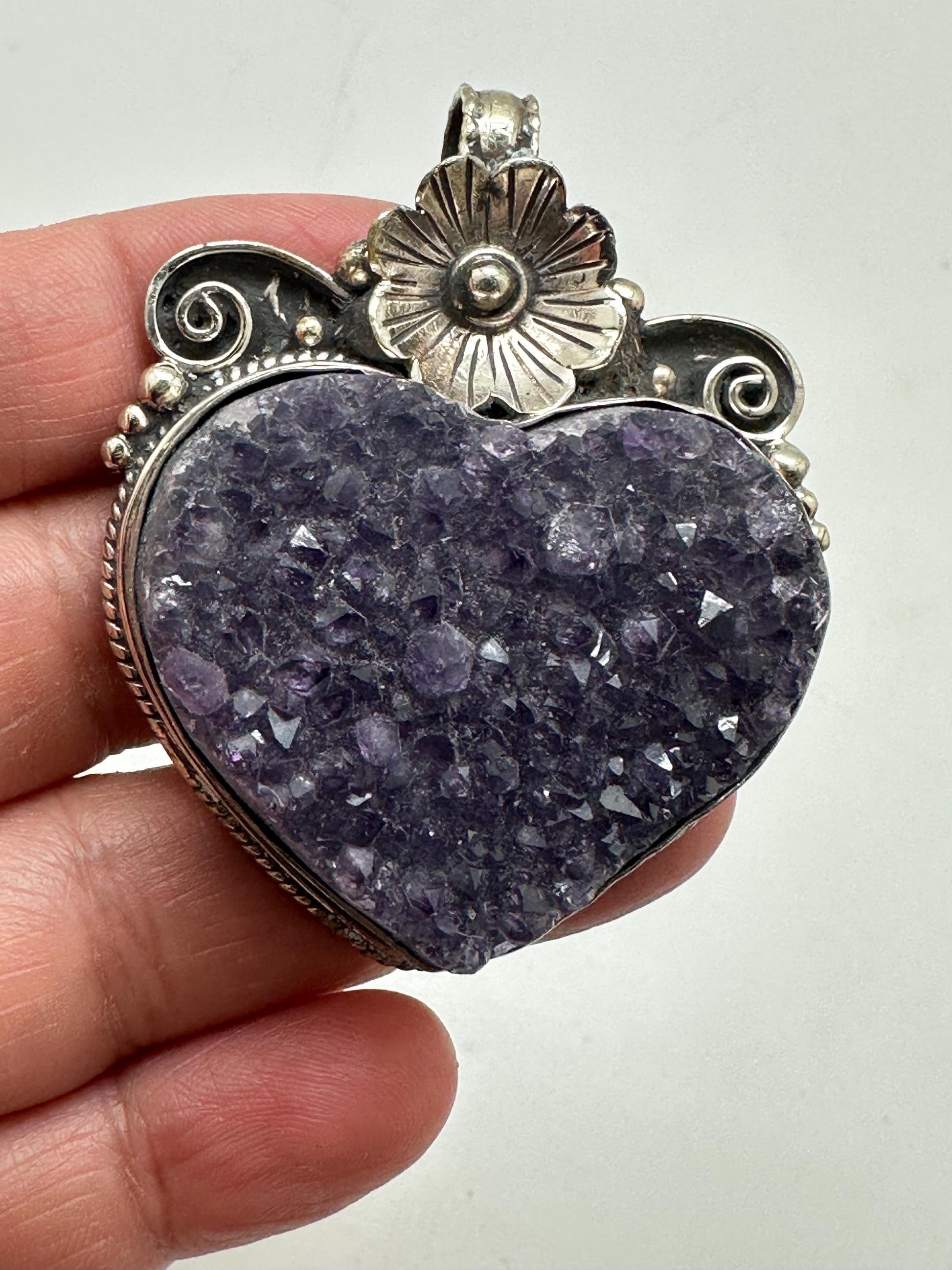 Amethyst Druzy Heart Pendant: Handcrafted Tibetan Silver Floral Design