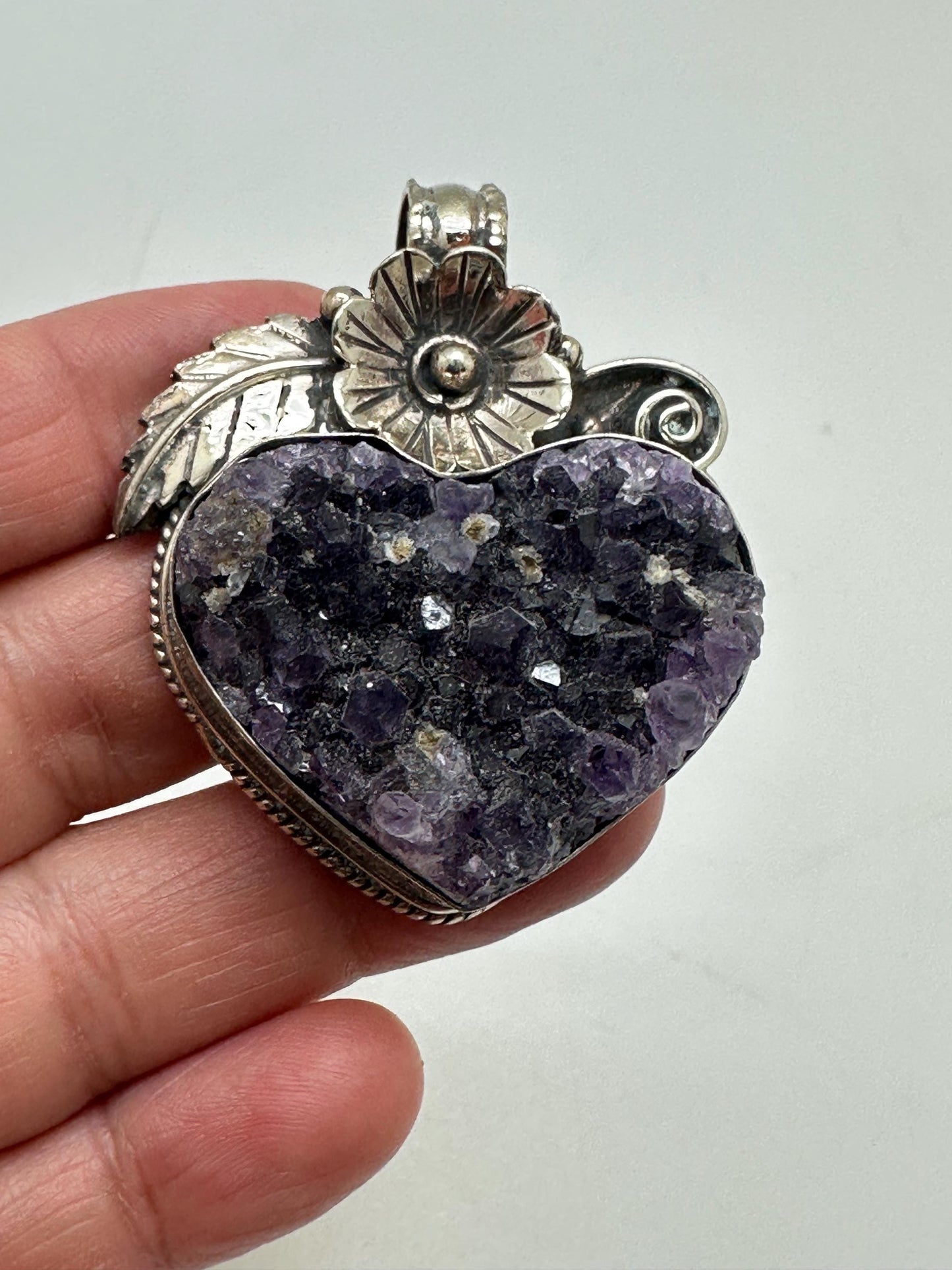 Amethyst Druzy Heart Pendant: Handcrafted Tibetan Silver Floral Design