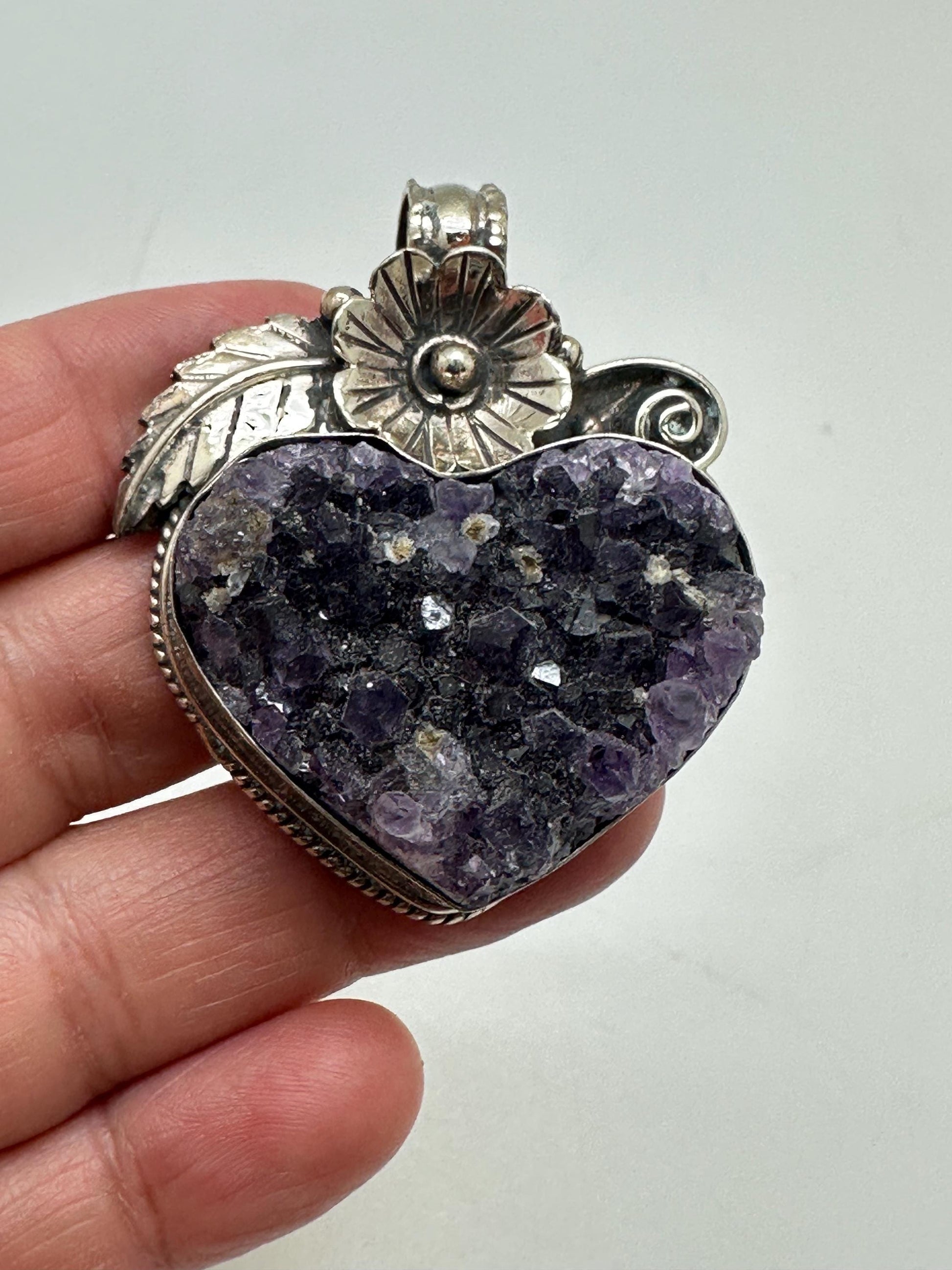 Amethyst Druzy Heart Pendant: Handcrafted Tibetan Silver Floral Design