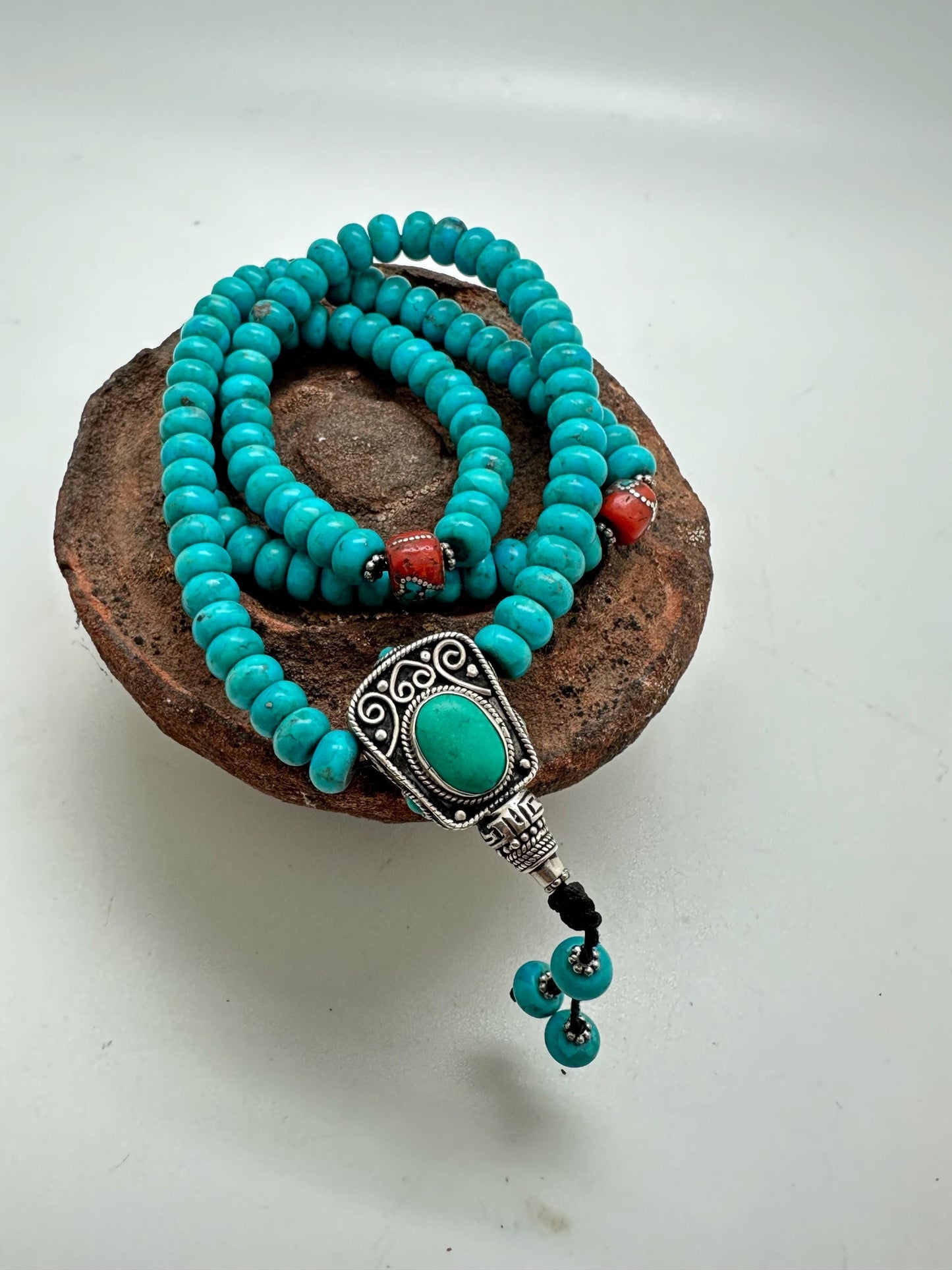 Buddhist prayer mala, natural turquoise Mala, Tibetan Buddhist prayer bead, coral inlaid,