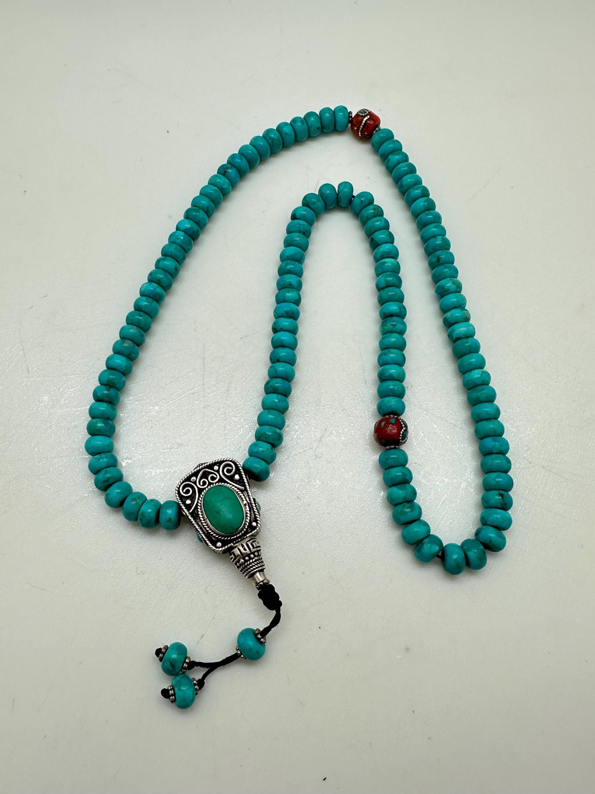 Buddhist prayer mala, natural turquoise Mala, Tibetan Buddhist prayer bead, coral inlaid,