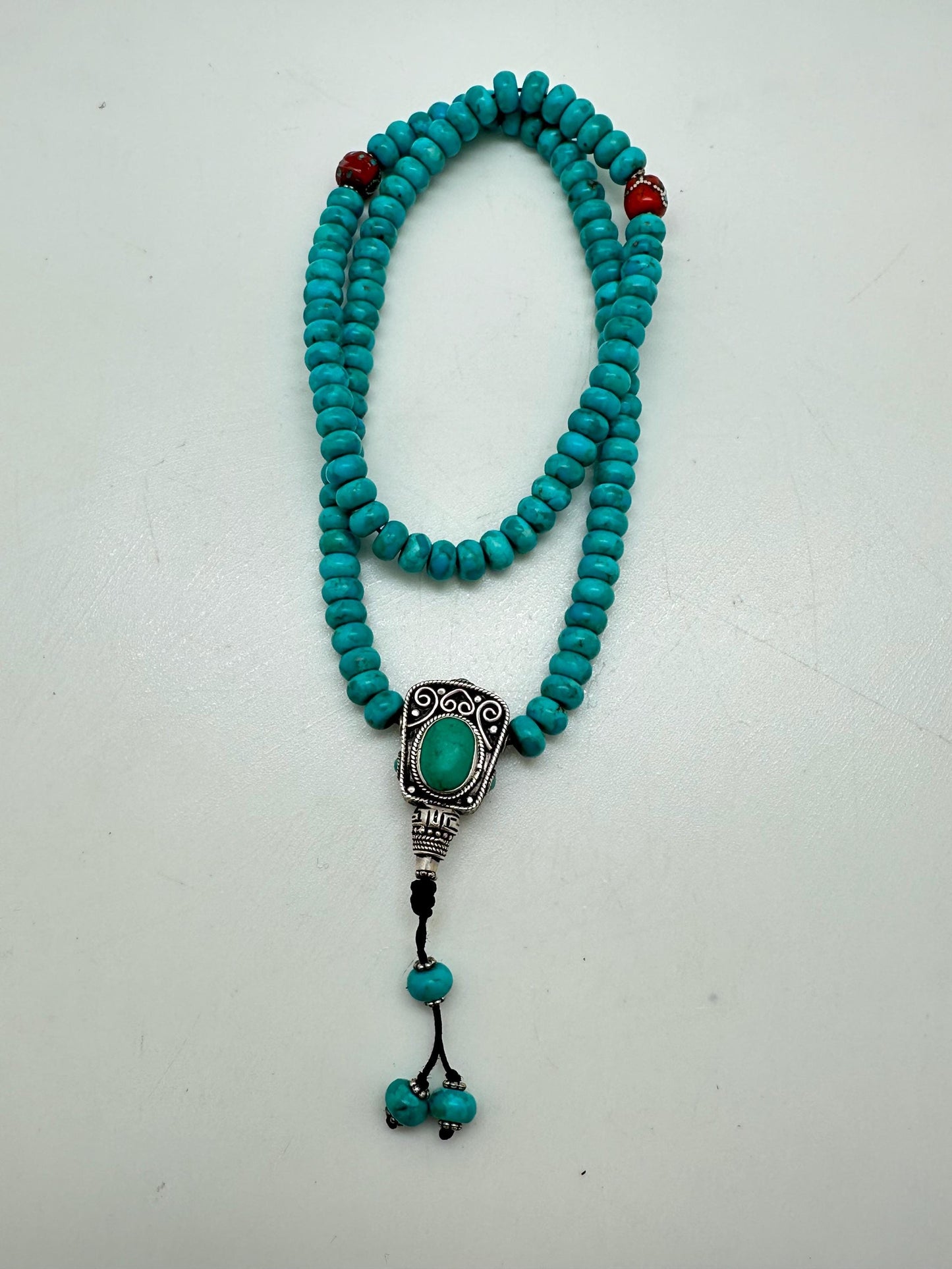 Buddhist prayer mala, natural turquoise Mala, Tibetan Buddhist prayer bead, coral inlaid,