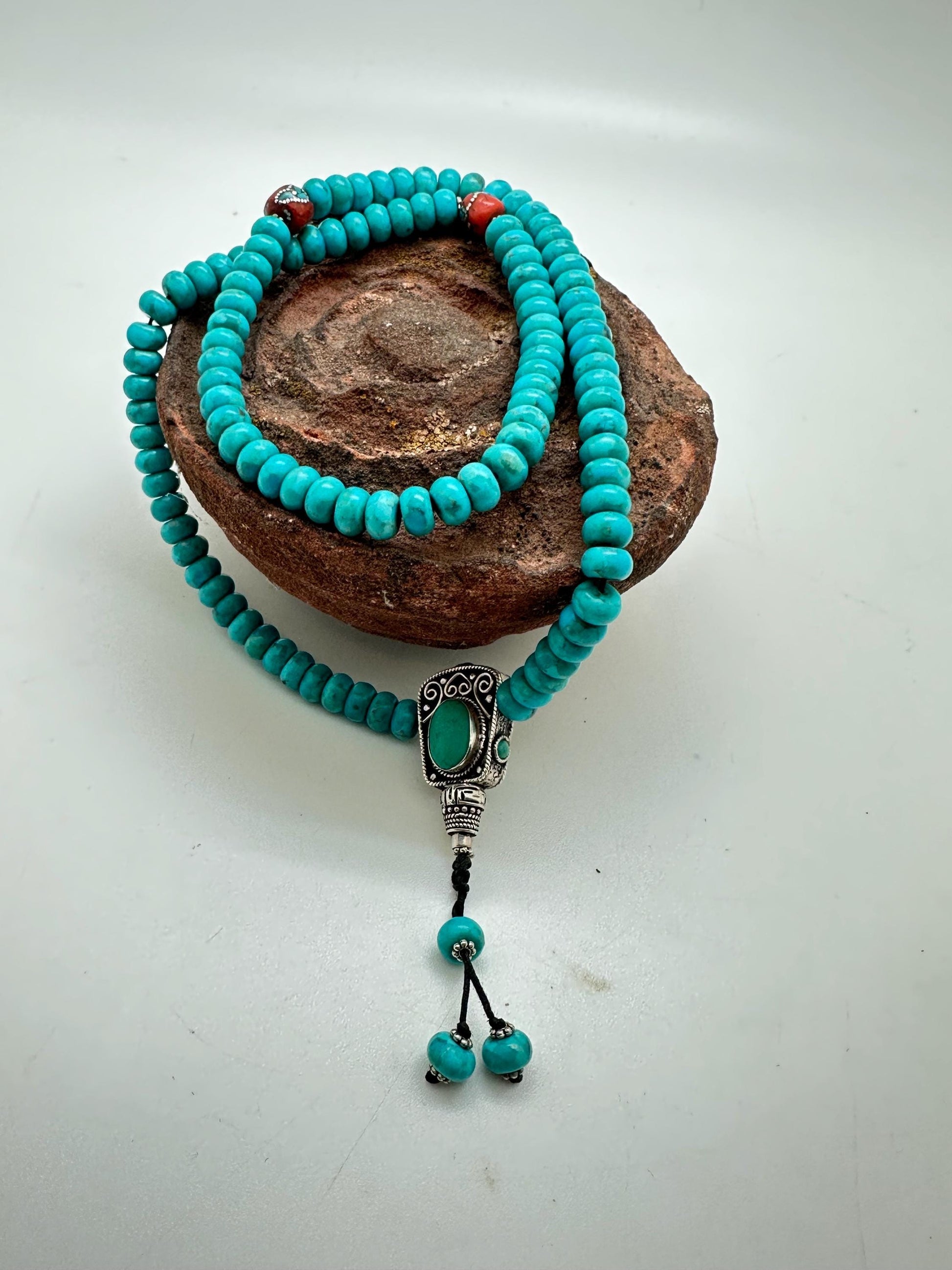 Buddhist prayer mala, natural turquoise Mala, Tibetan Buddhist prayer bead, coral inlaid,