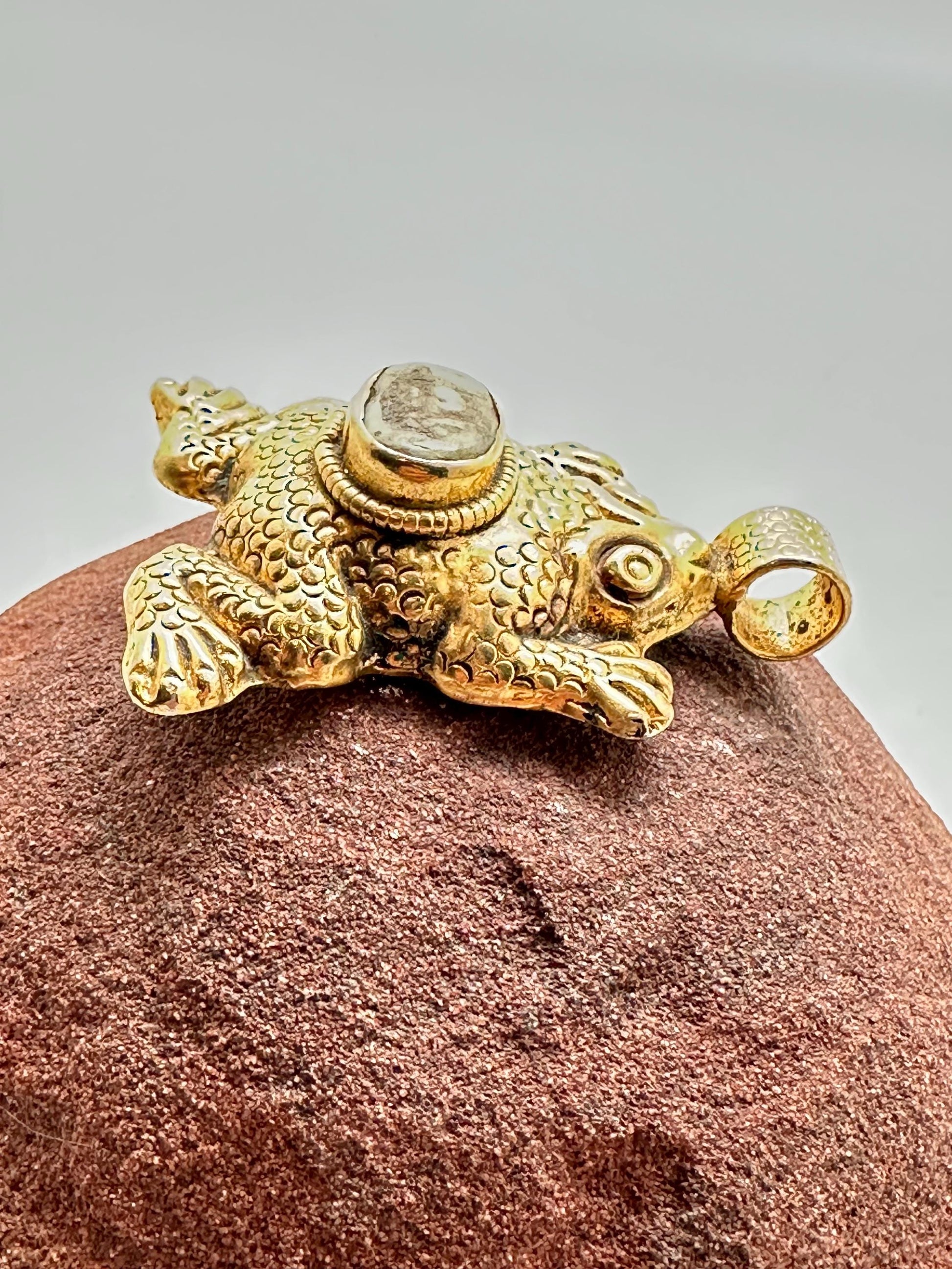 frog pendant,handcrafted,Om,Tibetan silver,Gold plated,Nepalese