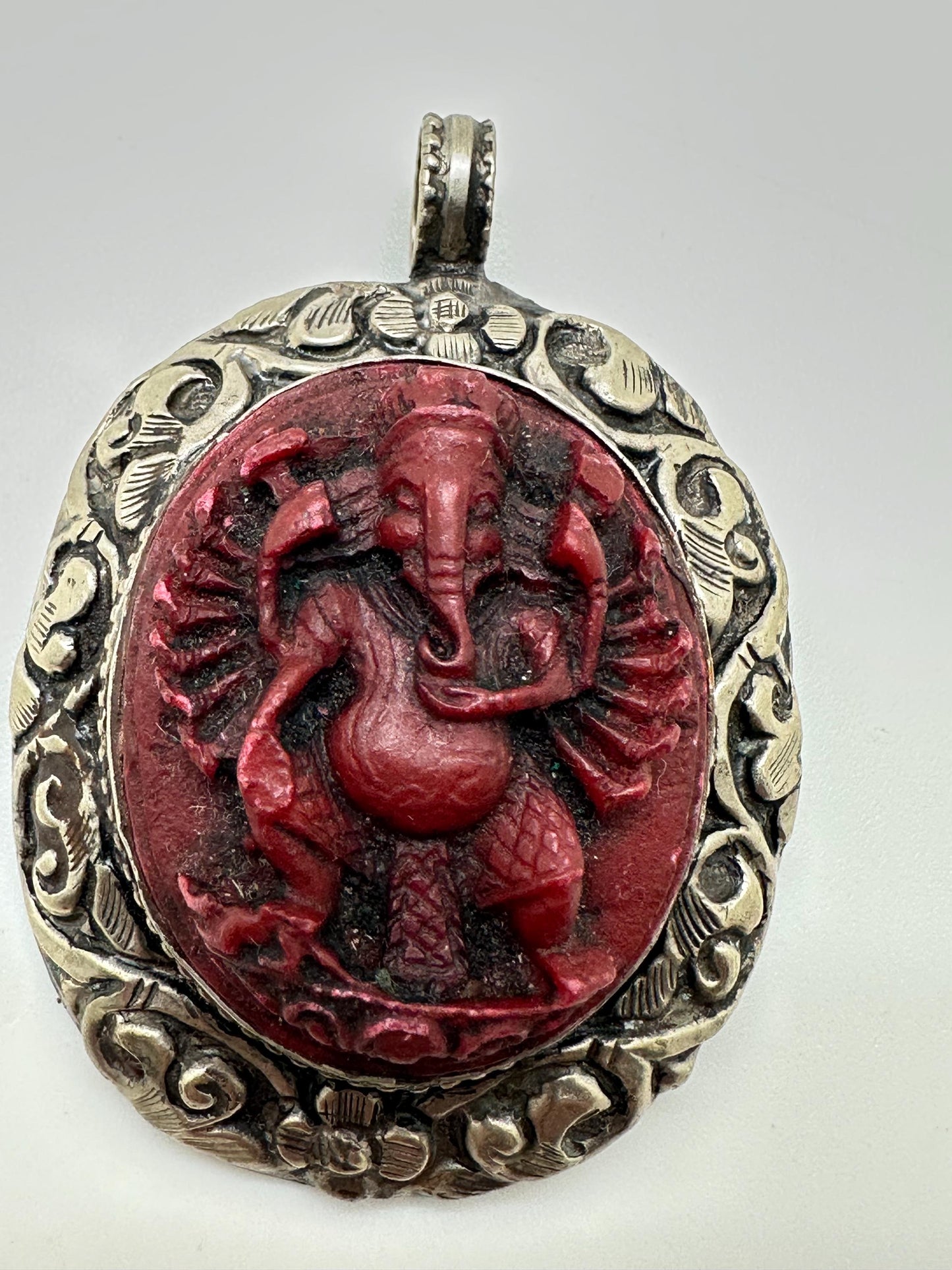 Ganesh pendant,handcrafted, Tibetansilver,Resin coral,Goodluck,prosperity,amulet 63mmX45mm