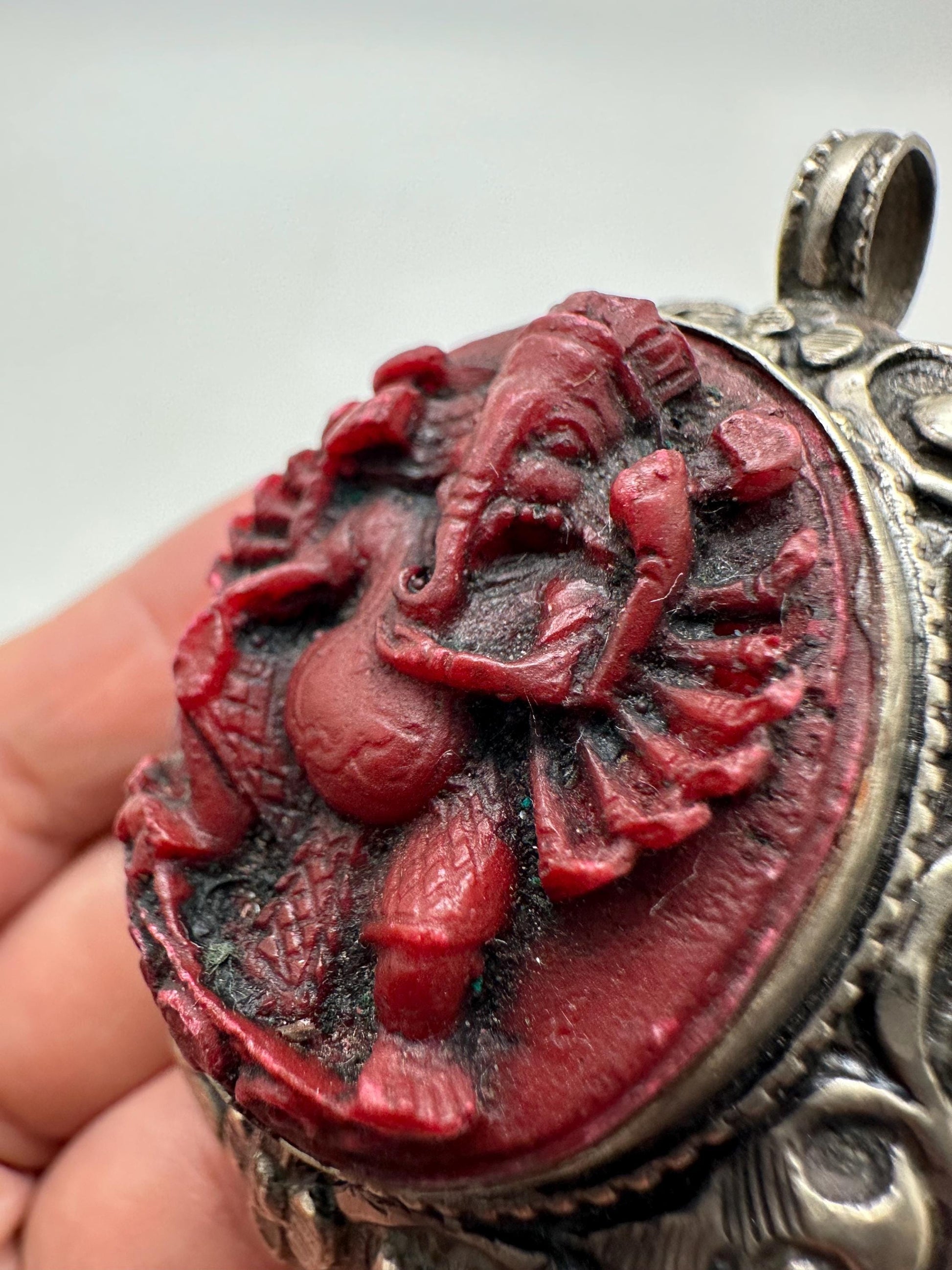 Ganesh pendant,handcrafted, Tibetansilver,Resin coral,Goodluck,prosperity,amulet 63mmX45mm