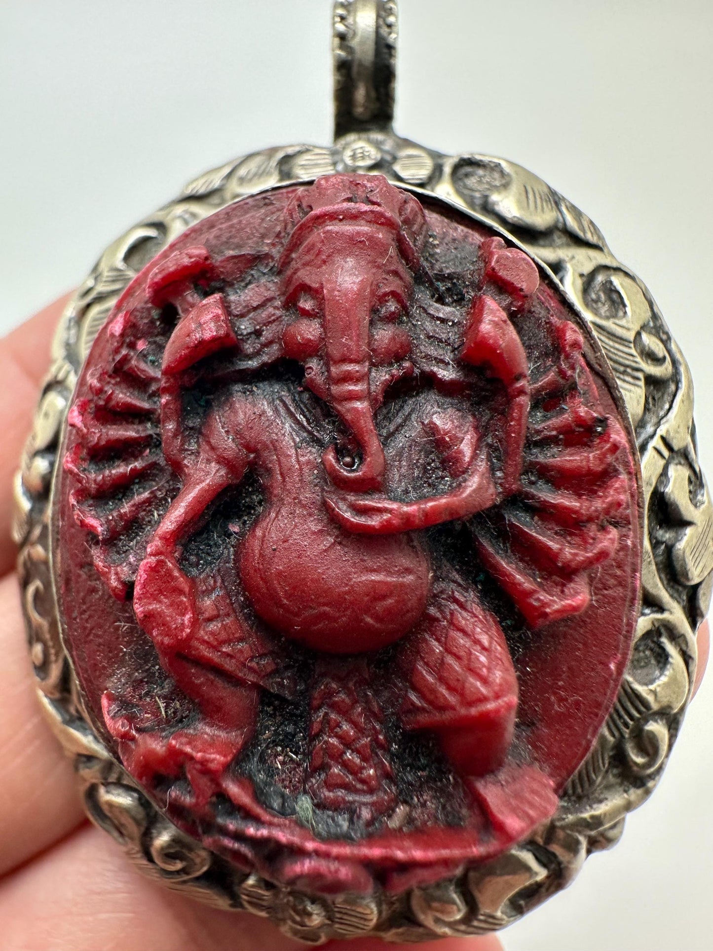 Ganesh pendant,handcrafted, Tibetansilver,Resin coral,Goodluck,prosperity,amulet 63mmX45mm