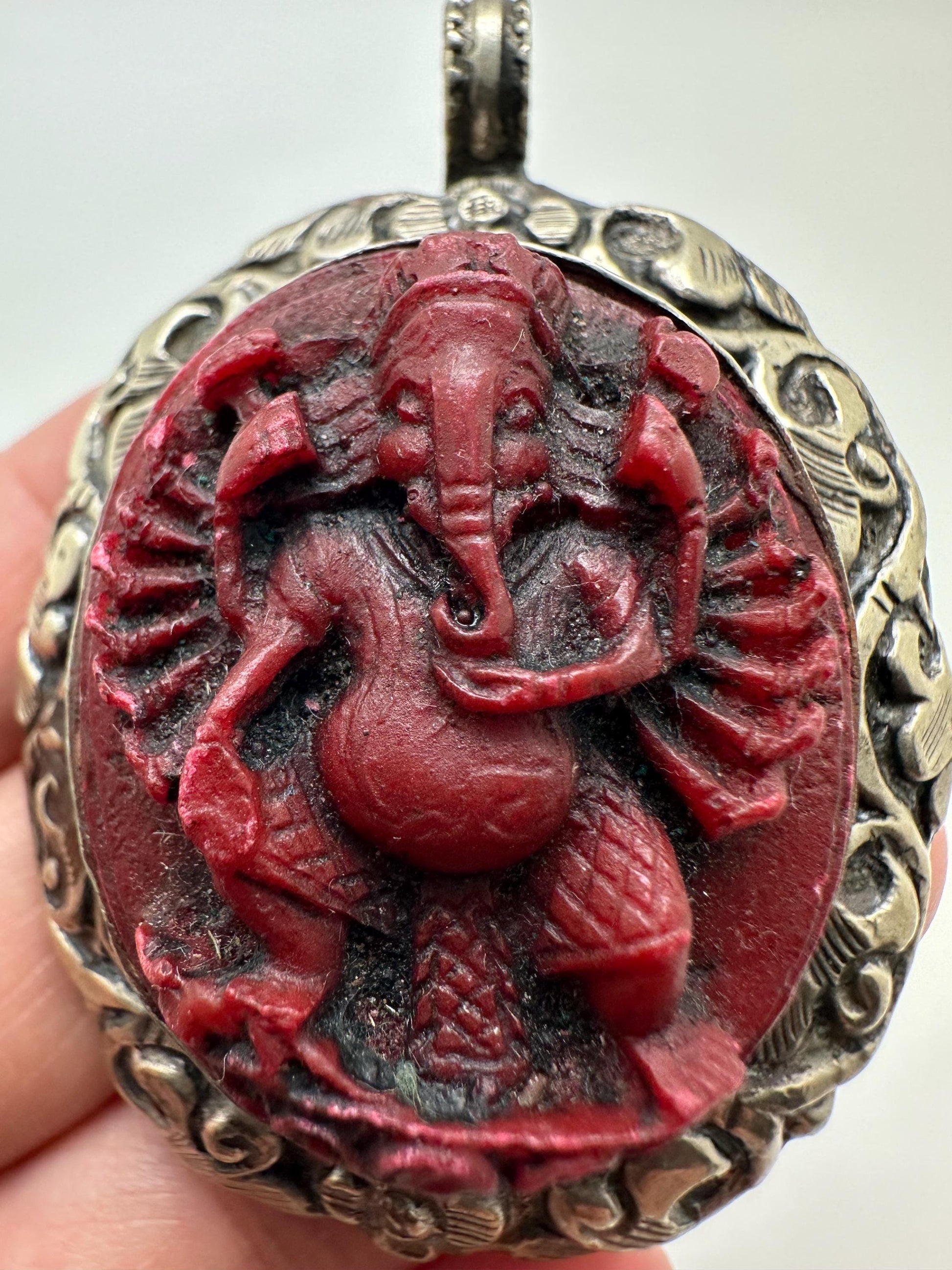 Ganesh pendant,handcrafted, Tibetansilver,Resin coral,Goodluck,prosperity,amulet 63mmX45mm