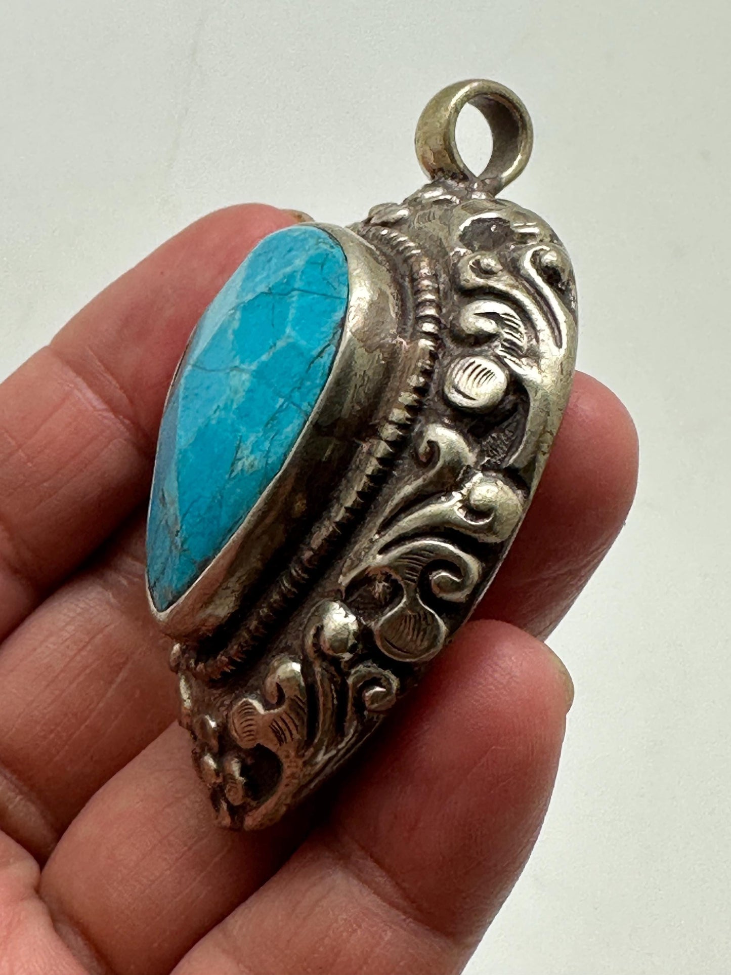 large pendant, blue stone pendant, handcrafted, tibetan silver, ethnic style,58mmX37mm