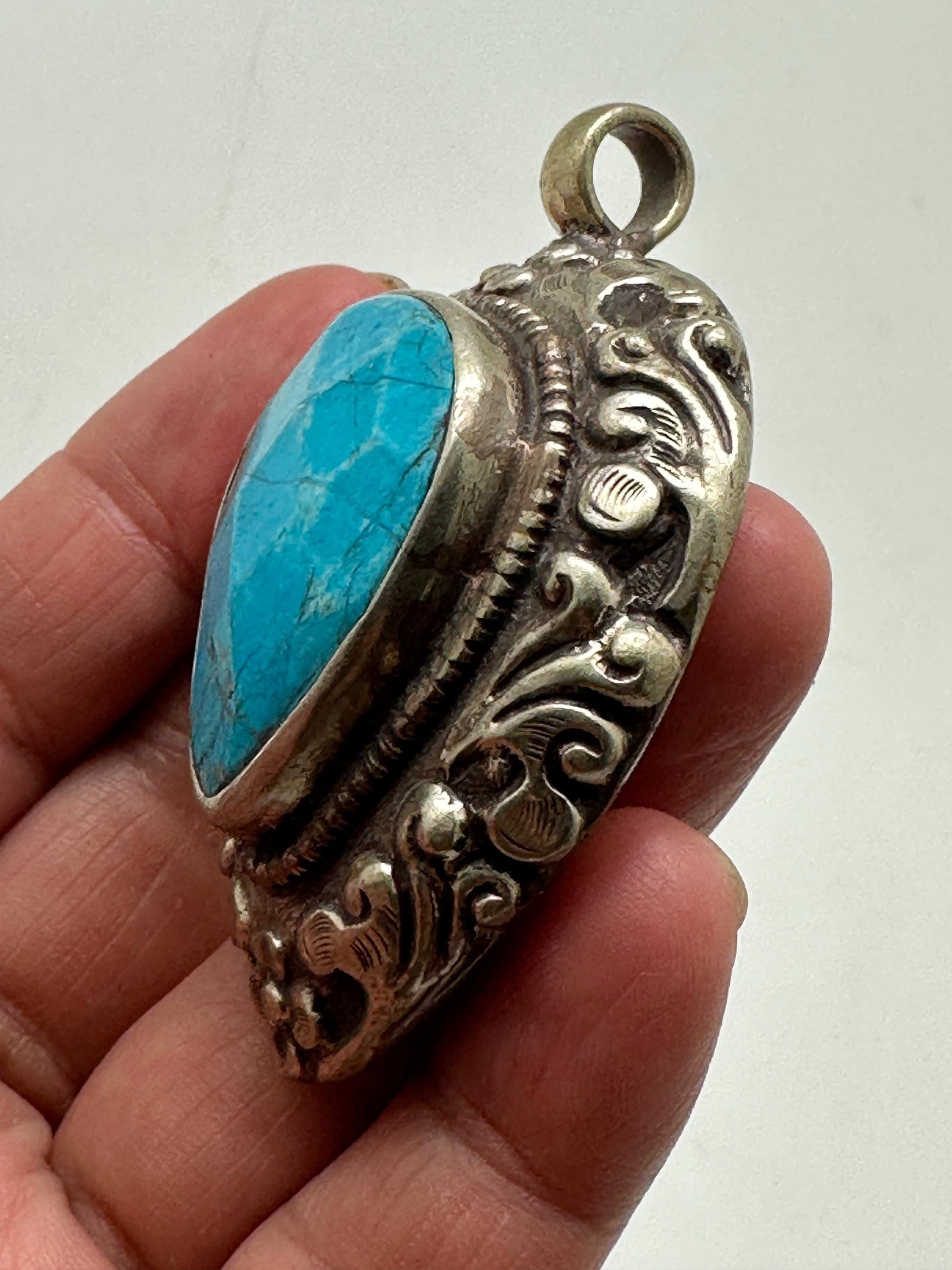 large pendant, blue stone pendant, handcrafted, tibetan silver, ethnic style,58mmX37mm