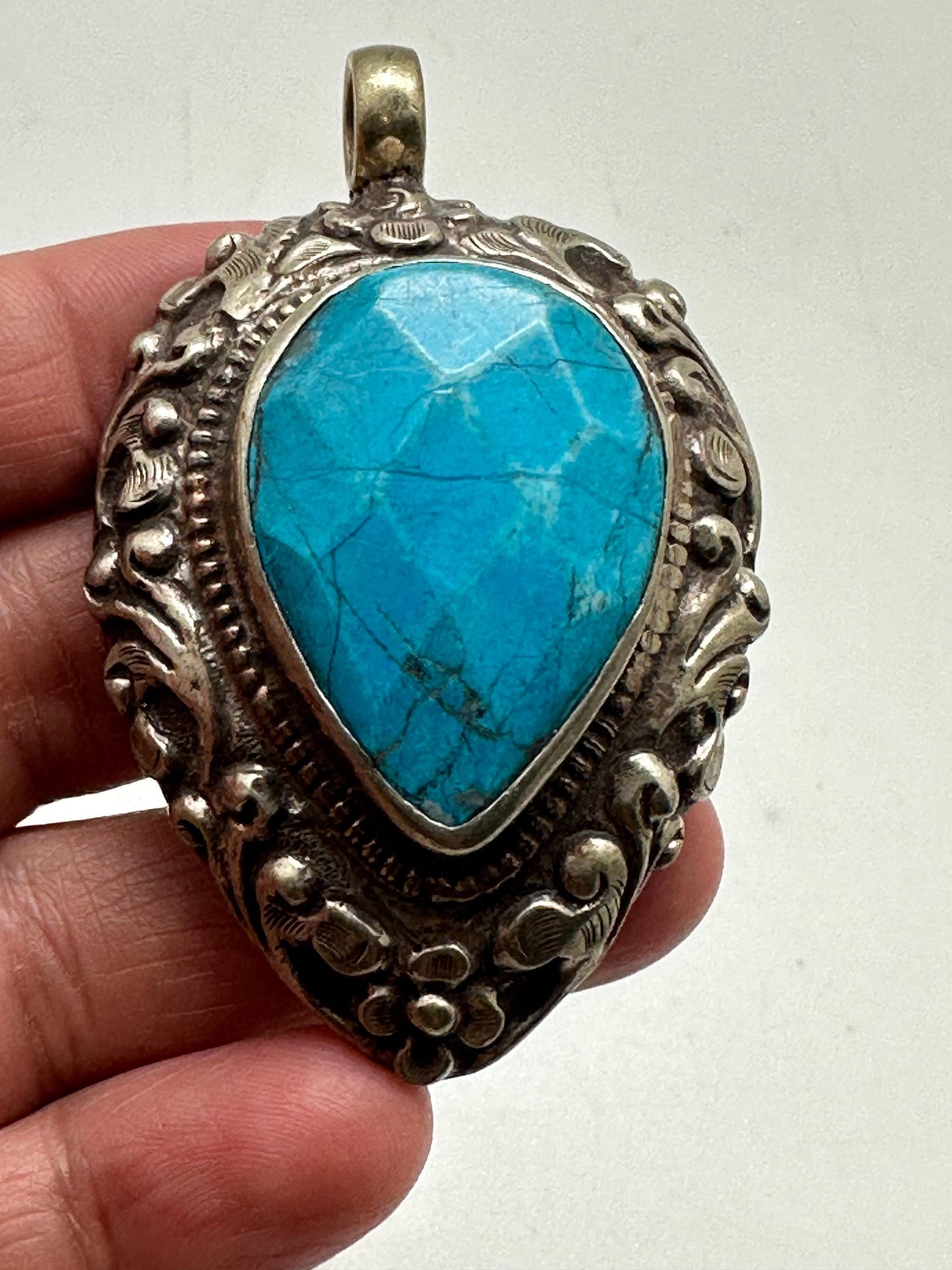 large pendant, blue stone pendant, handcrafted, tibetan silver, ethnic style,58mmX37mm