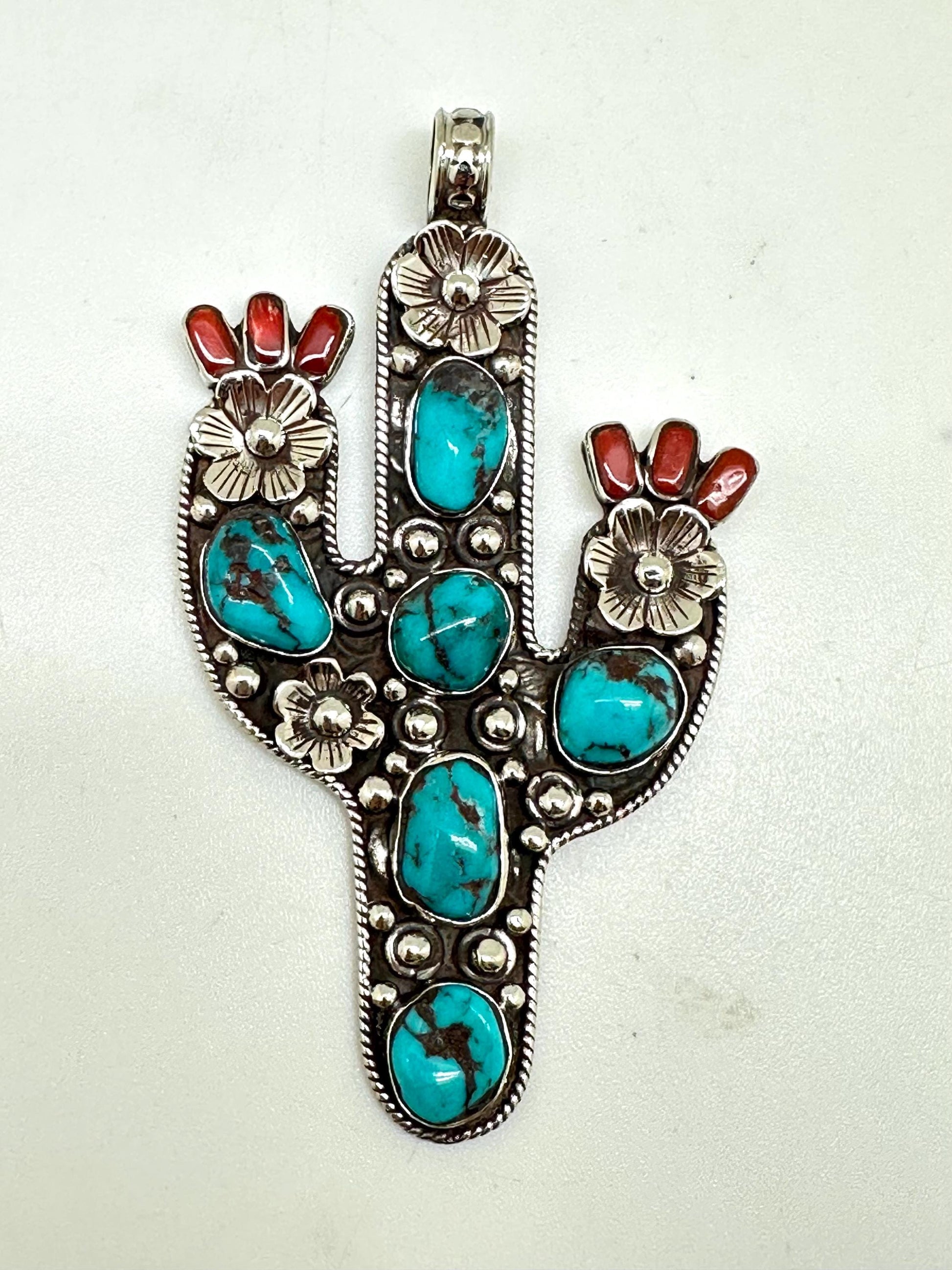 Handcrafted Tibetan Silver Cactus Pendant with Turquoise and Coral