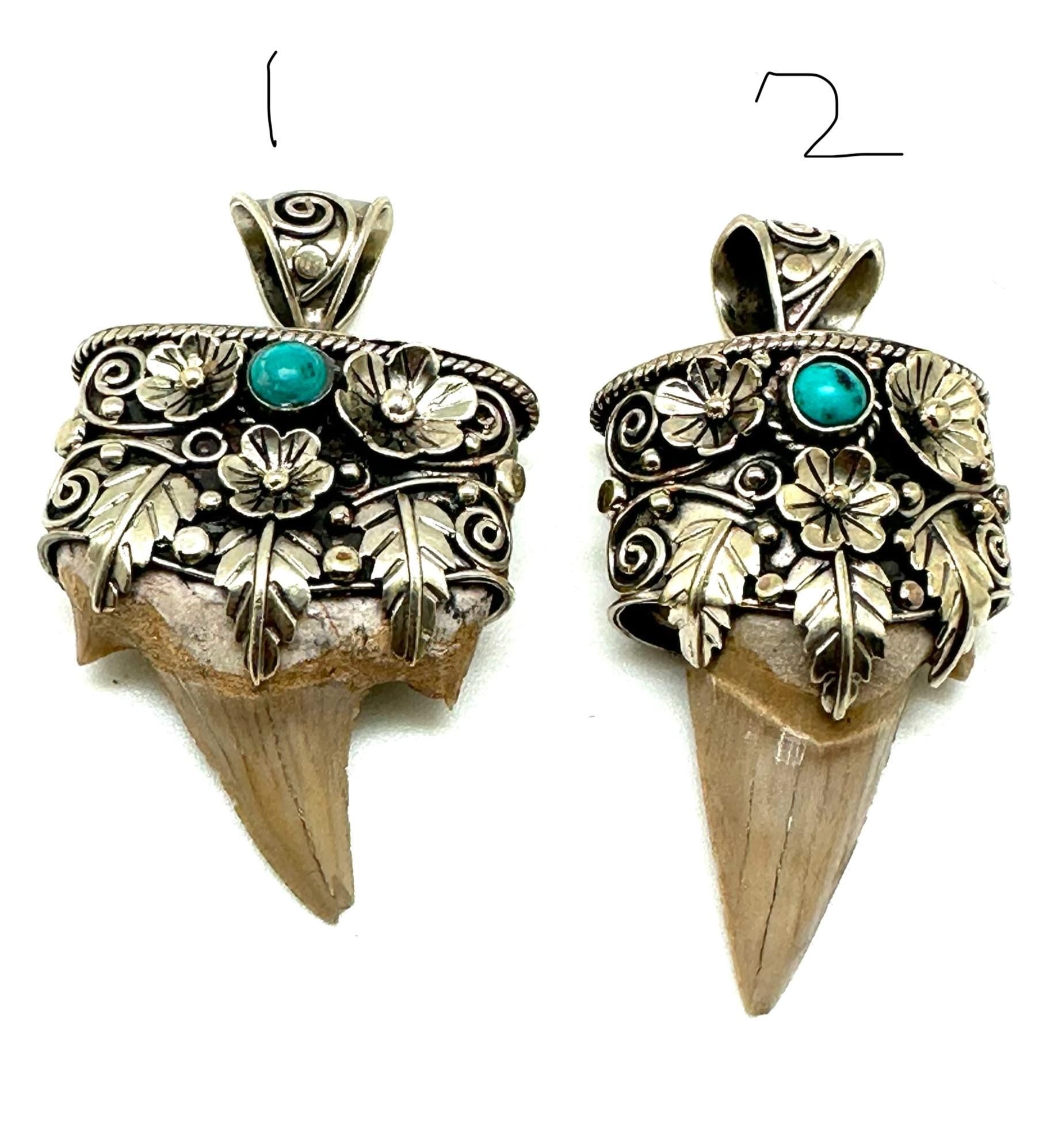 Fossil shark tooth pendant,Tibetan Repousse silver,turquoise ,handcrafted,ethnic style,