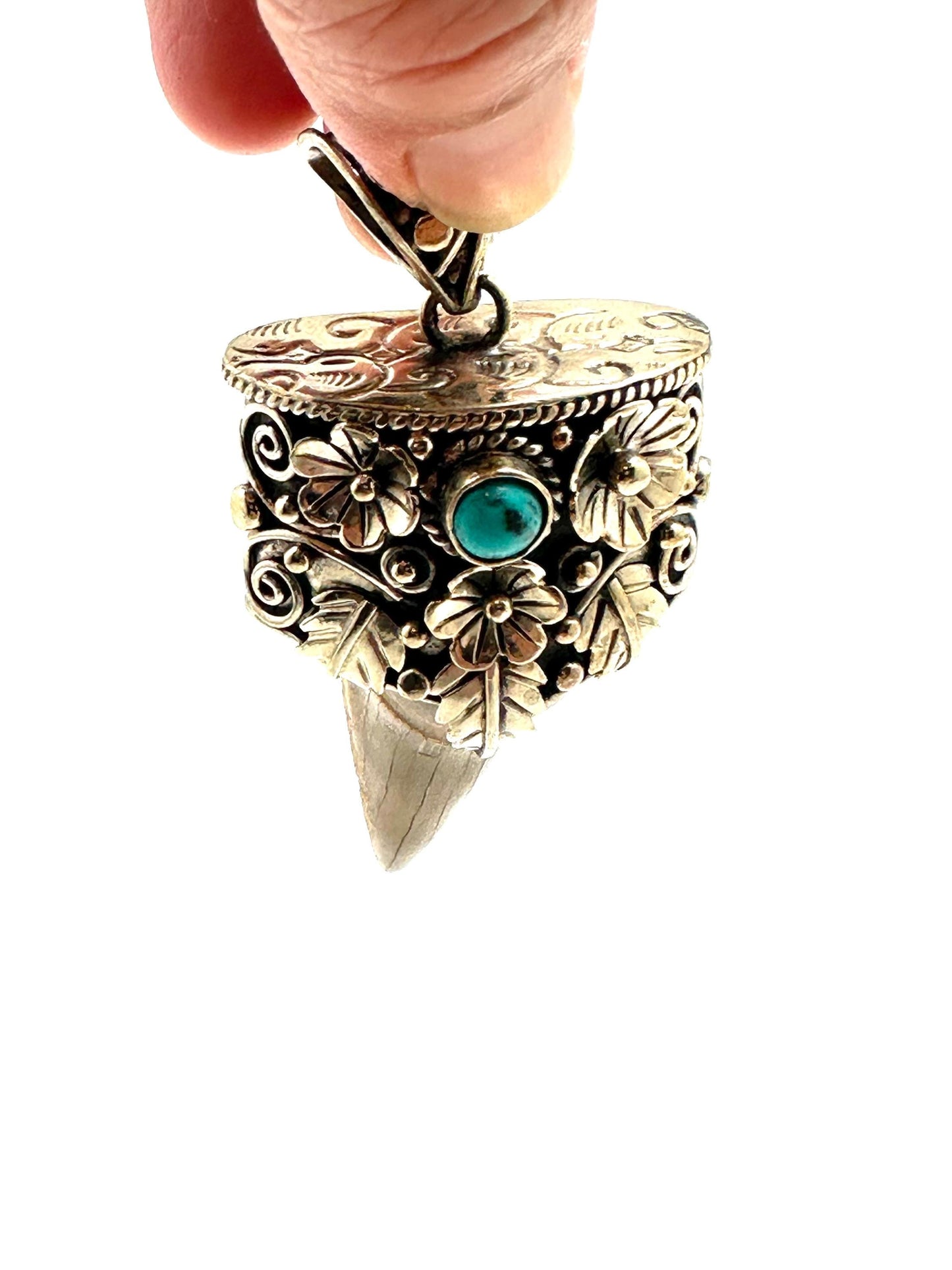 Fossil shark tooth pendant,Tibetan Repousse silver,turquoise ,handcrafted,ethnic style,