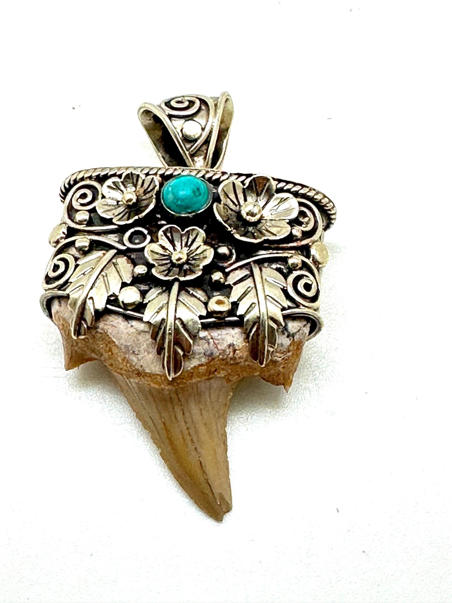 Fossil shark tooth pendant,Tibetan Repousse silver,turquoise ,handcrafted,ethnic style,