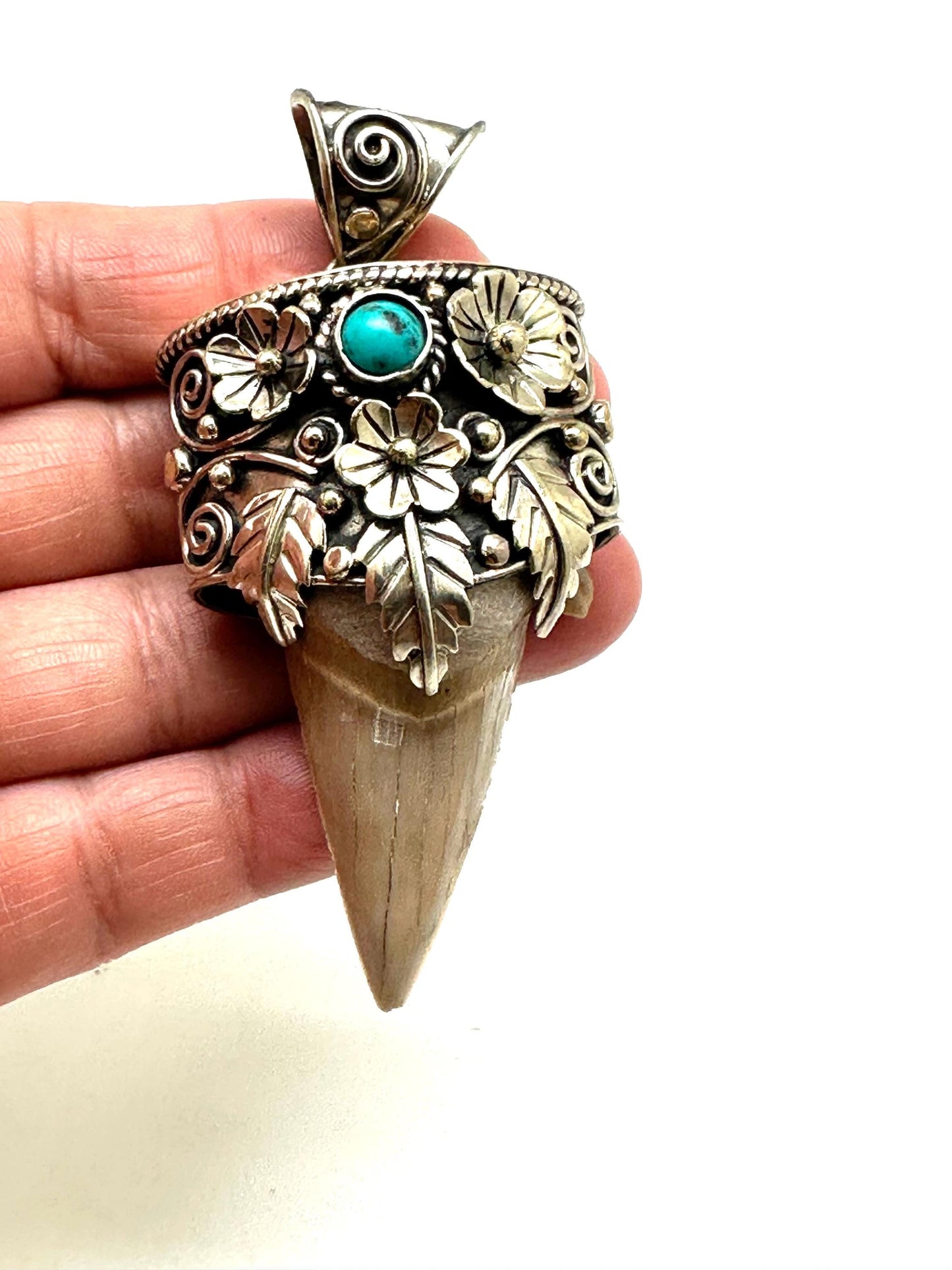 Fossil shark tooth pendant,Tibetan Repousse silver,turquoise ,handcrafted,ethnic style,