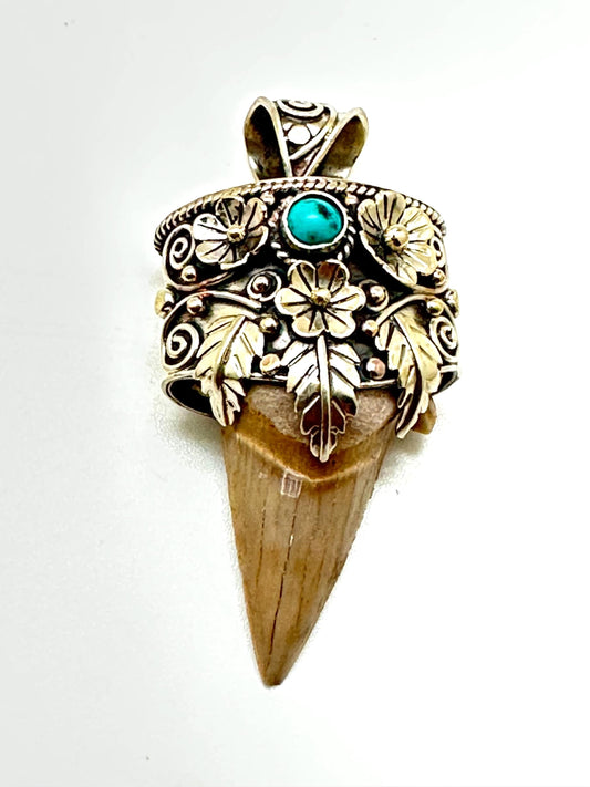 Fossil shark tooth pendant,Tibetan Repousse silver,turquoise ,handcrafted,ethnic style,