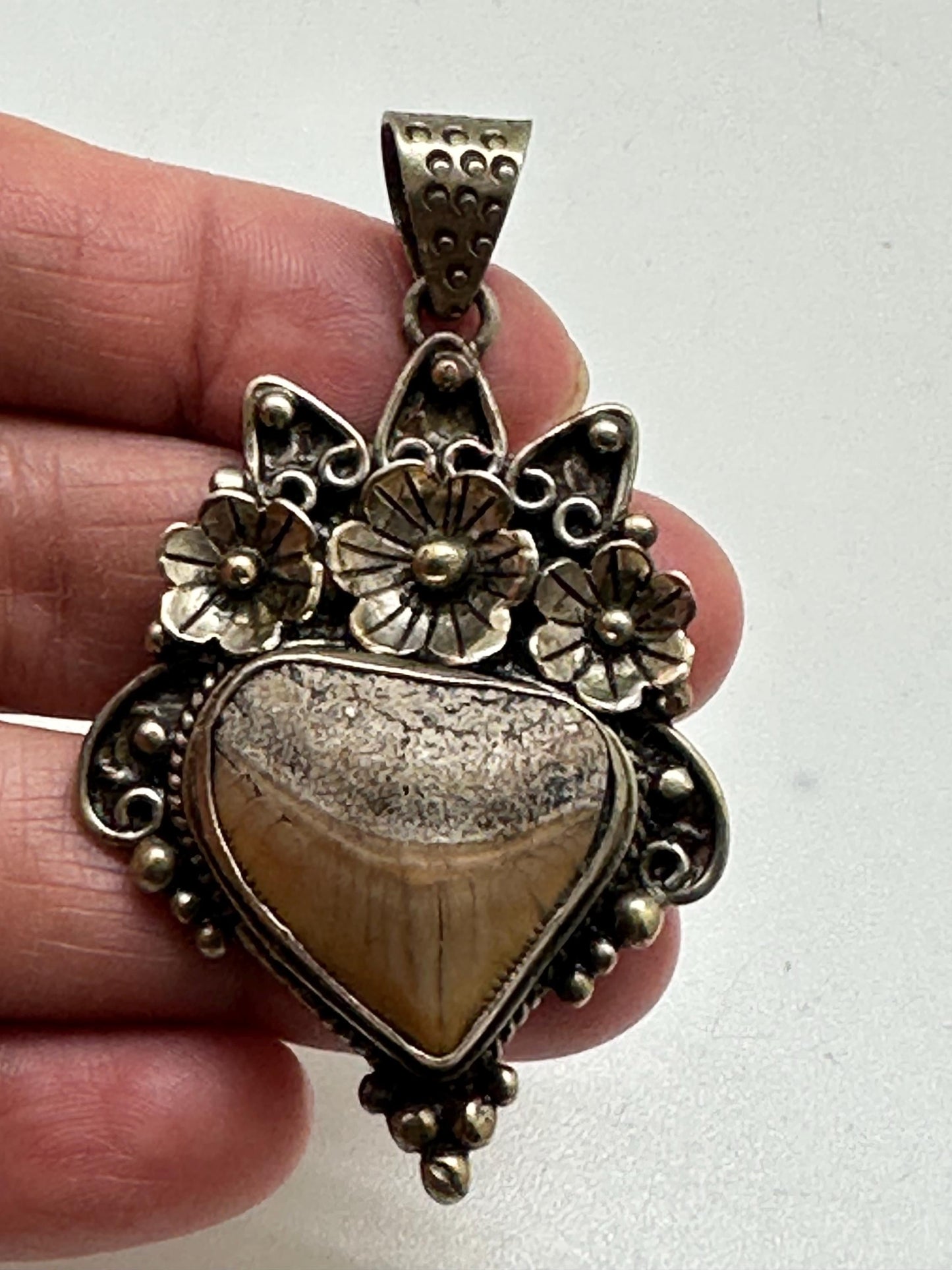 Fossil shark tooth pendant,handcrafted,Tibetan silver,floral jewelry,ethnic style,60mmX33mm