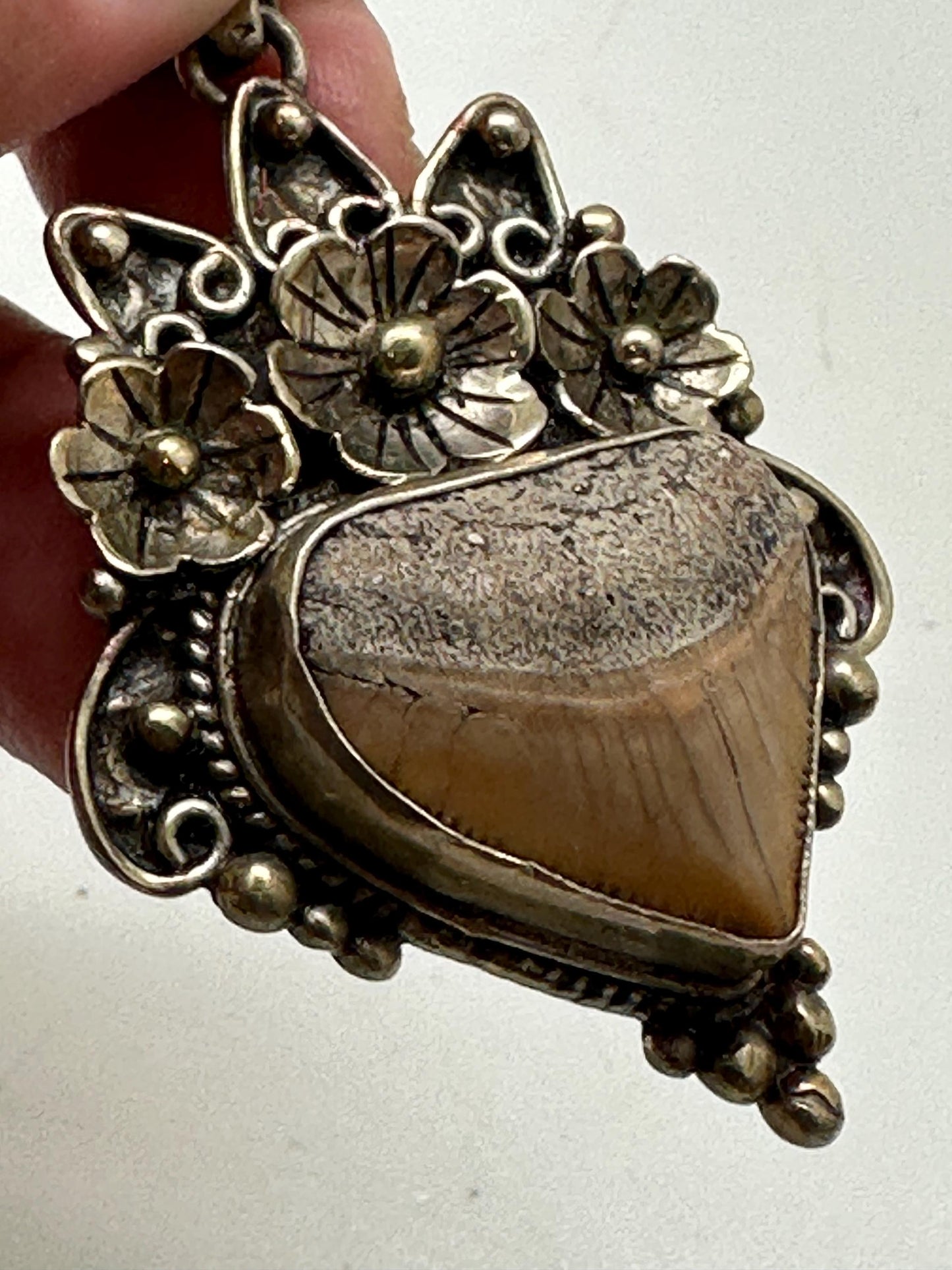 Fossil shark tooth pendant,handcrafted,Tibetan silver,floral jewelry,ethnic style,60mmX33mm