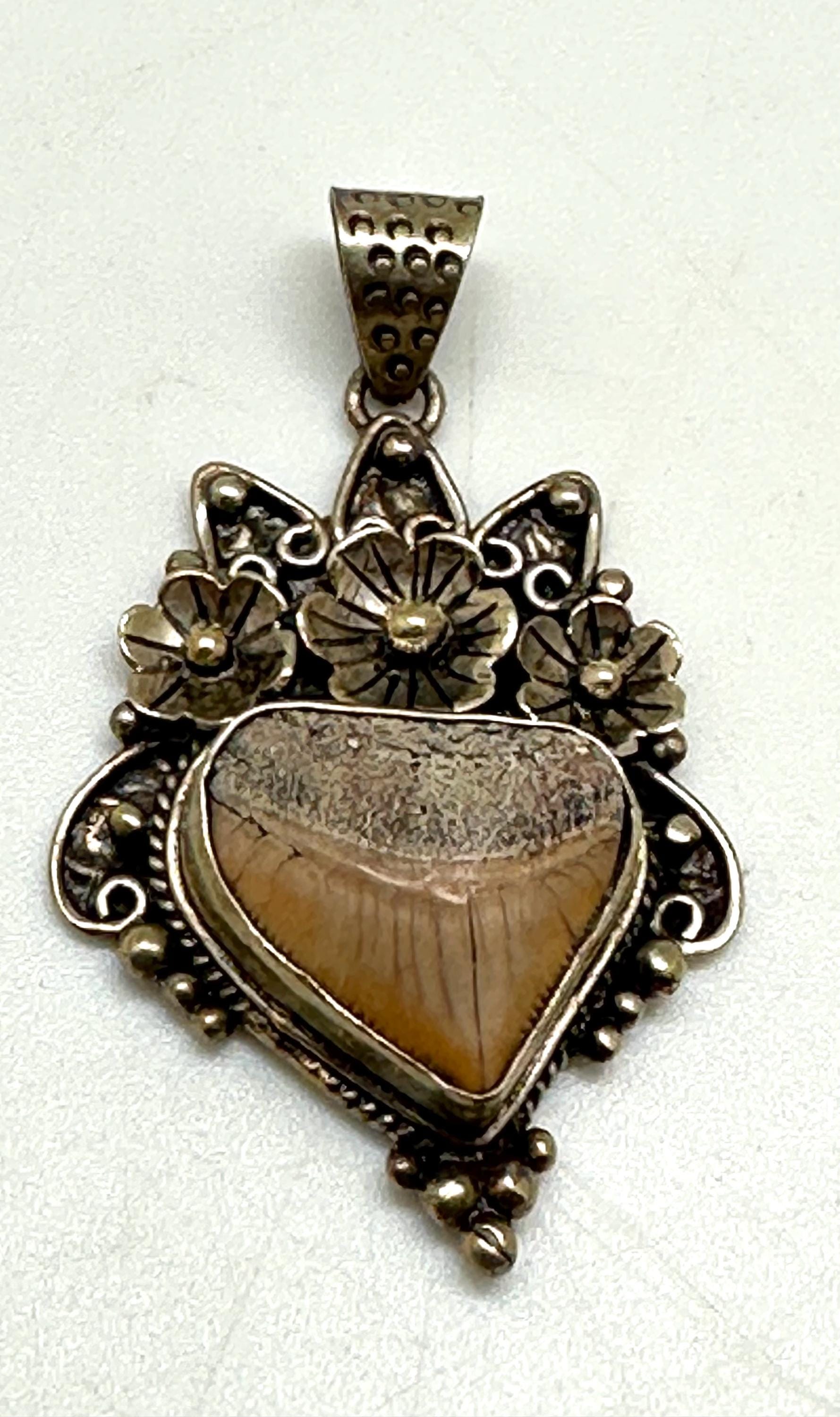 Fossil shark tooth pendant,handcrafted,Tibetan silver,floral jewelry,ethnic style,60mmX33mm