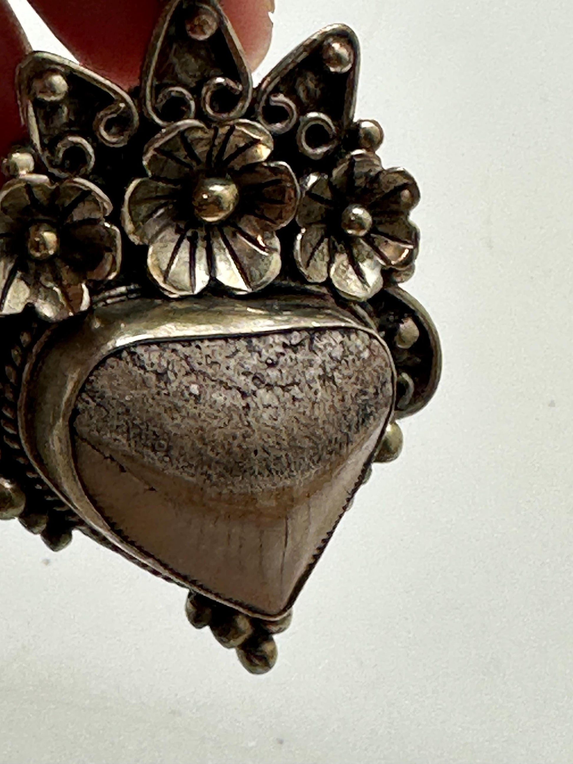 Fossil shark tooth pendant,handcrafted,Tibetan silver,floral jewelry,ethnic style,60mmX33mm