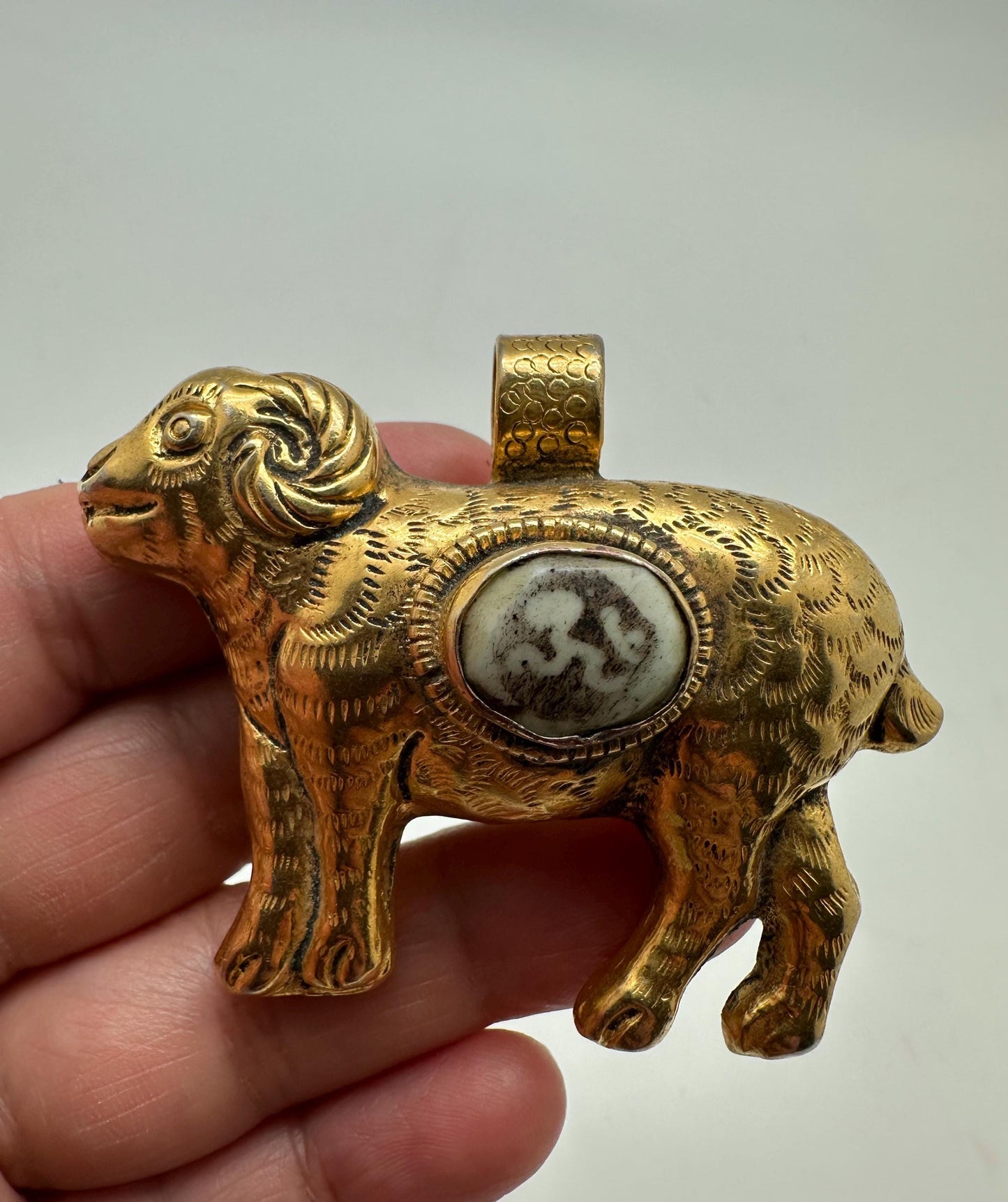 Sheep pendant, Om pendant, gold plated,handcrafted,animal lover,Tibetan silver,58mmX48mm
