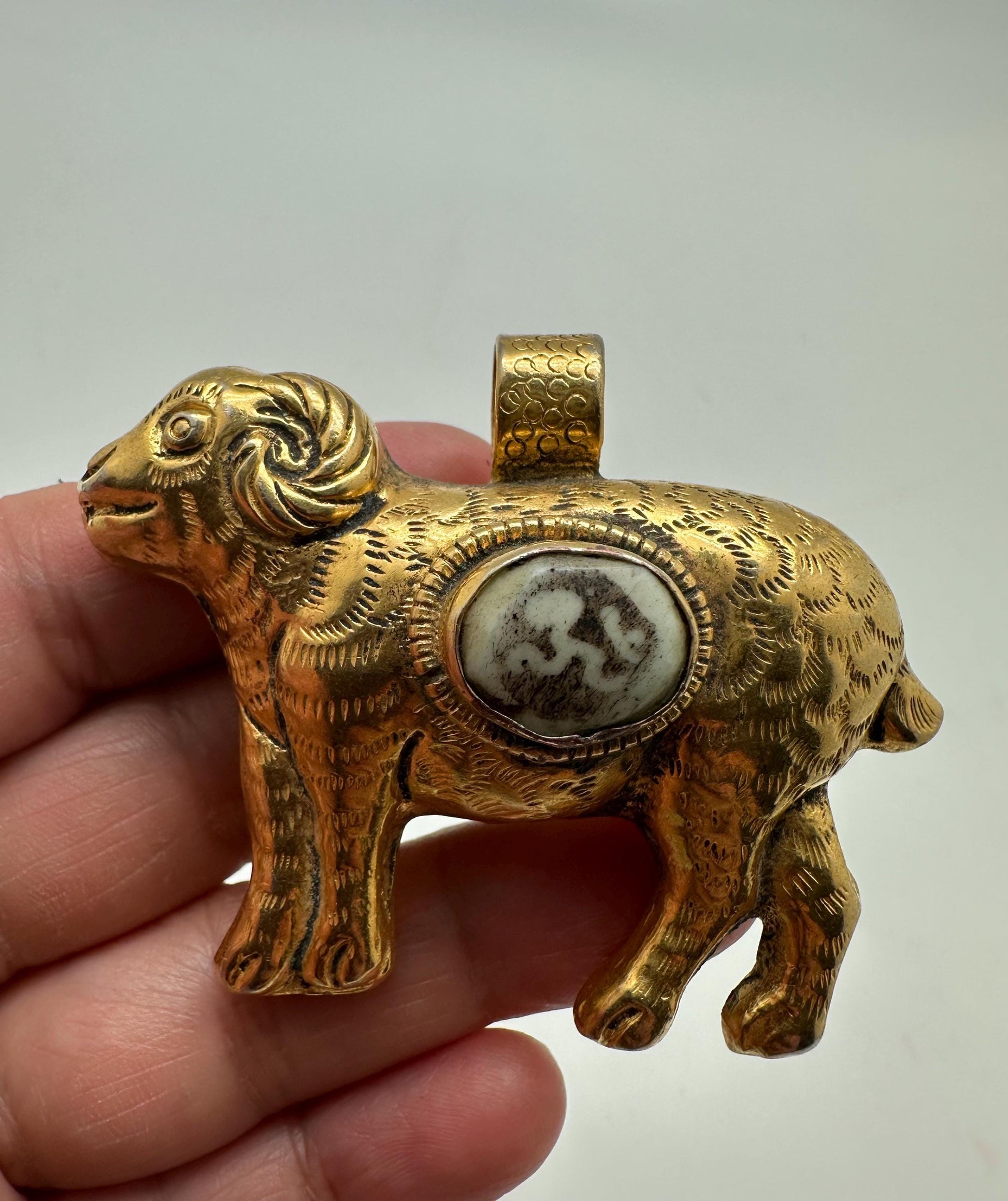 Sheep pendant, Om pendant, gold plated,handcrafted,animal lover,Tibetan silver,58mmX48mm