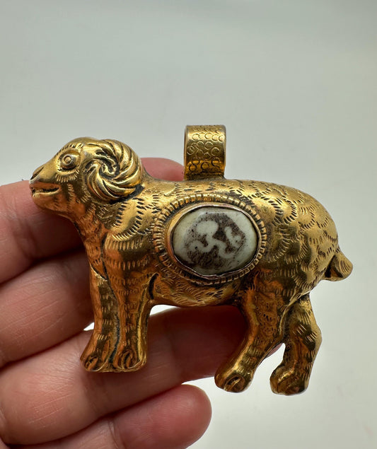 Sheep pendant, Om pendant, gold plated,handcrafted,animal lover,Tibetan silver,58mmX48mm