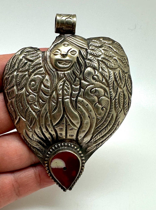 Lady pendant, heart shape, resin coral, Tibetan silver,Nepalese,82mmX61mm
