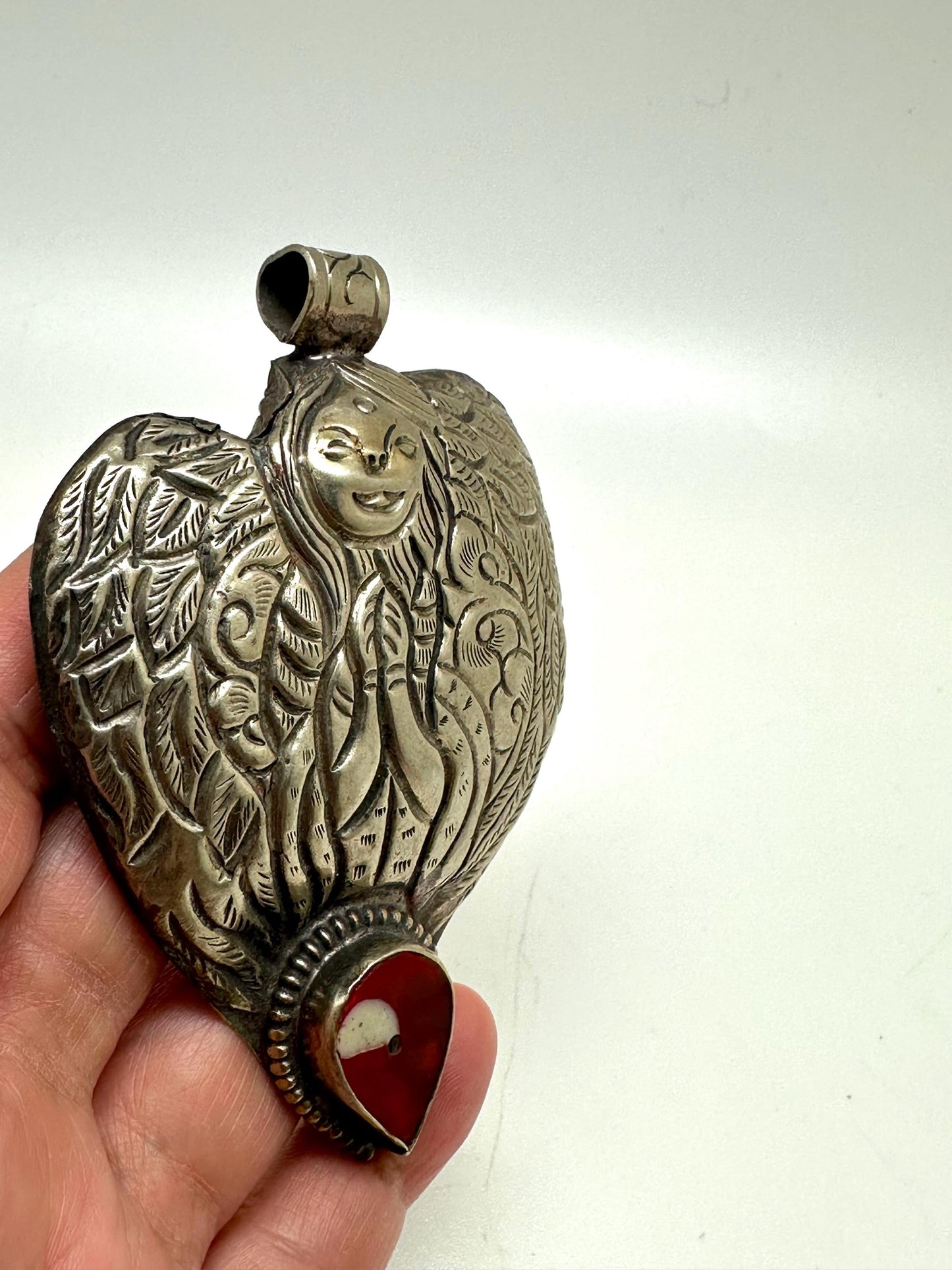Lady pendant, heart shape, resin coral, Tibetan silver,Nepalese,82mmX61mm