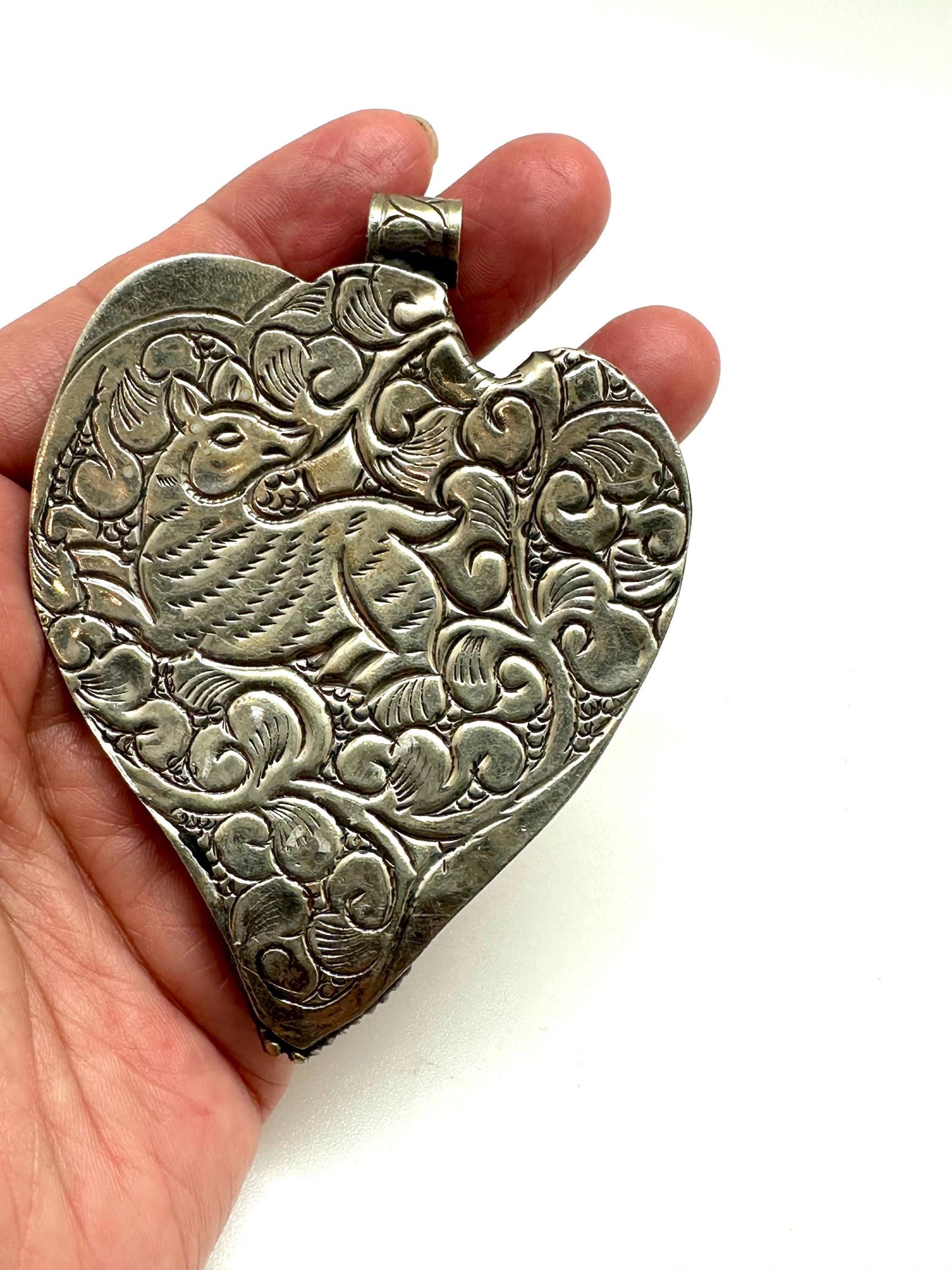 Lady pendant, heart shape, resin coral, Tibetan silver,Nepalese,82mmX61mm