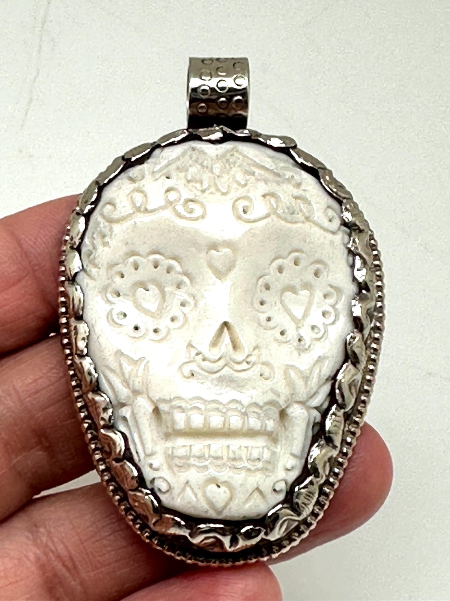 Skull pendant, bone carved, handcrafted, Tibetan repousse silver,ethnic style 58mmX35mm