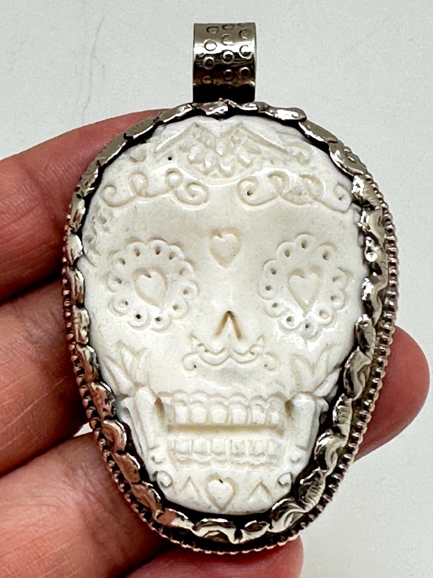 Skull pendant, bone carved, handcrafted, Tibetan repousse silver,ethnic style 58mmX35mm