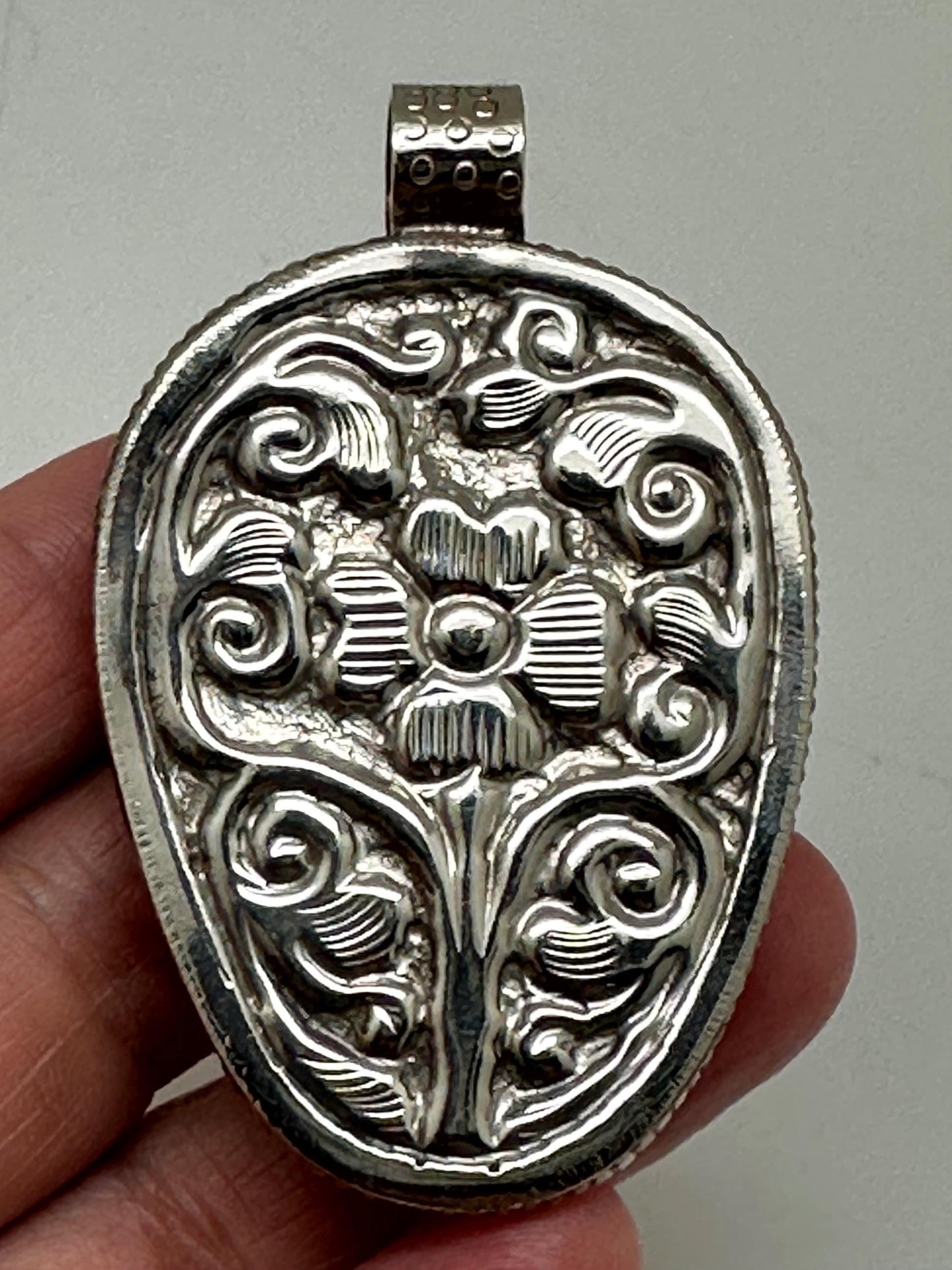 Skull pendant, bone carved, handcrafted, Tibetan repousse silver,ethnic style 58mmX35mm