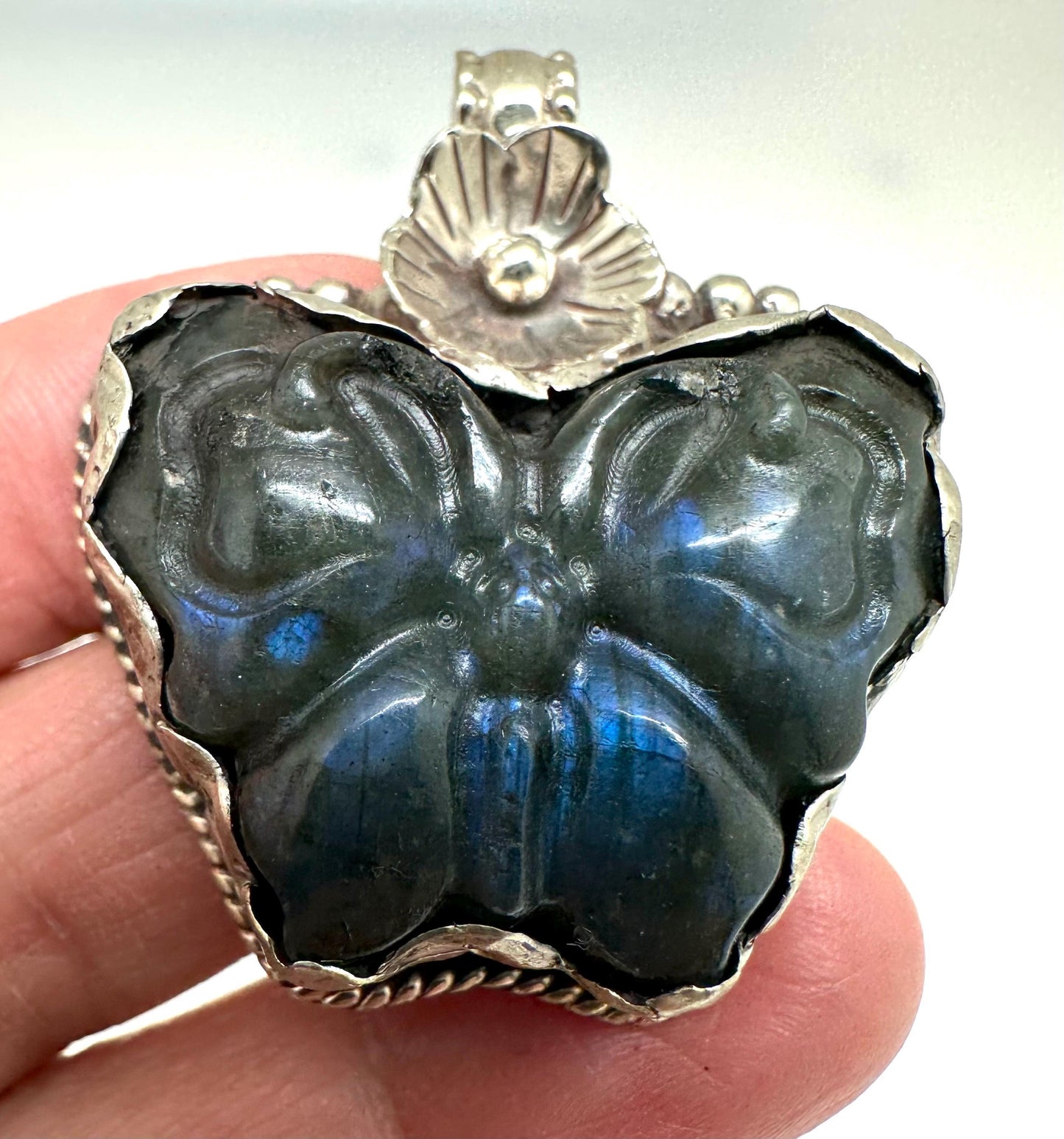 Handcrafted,Labradorite carved butterfly pendant, Tibetan silver,39.7mmX35mm