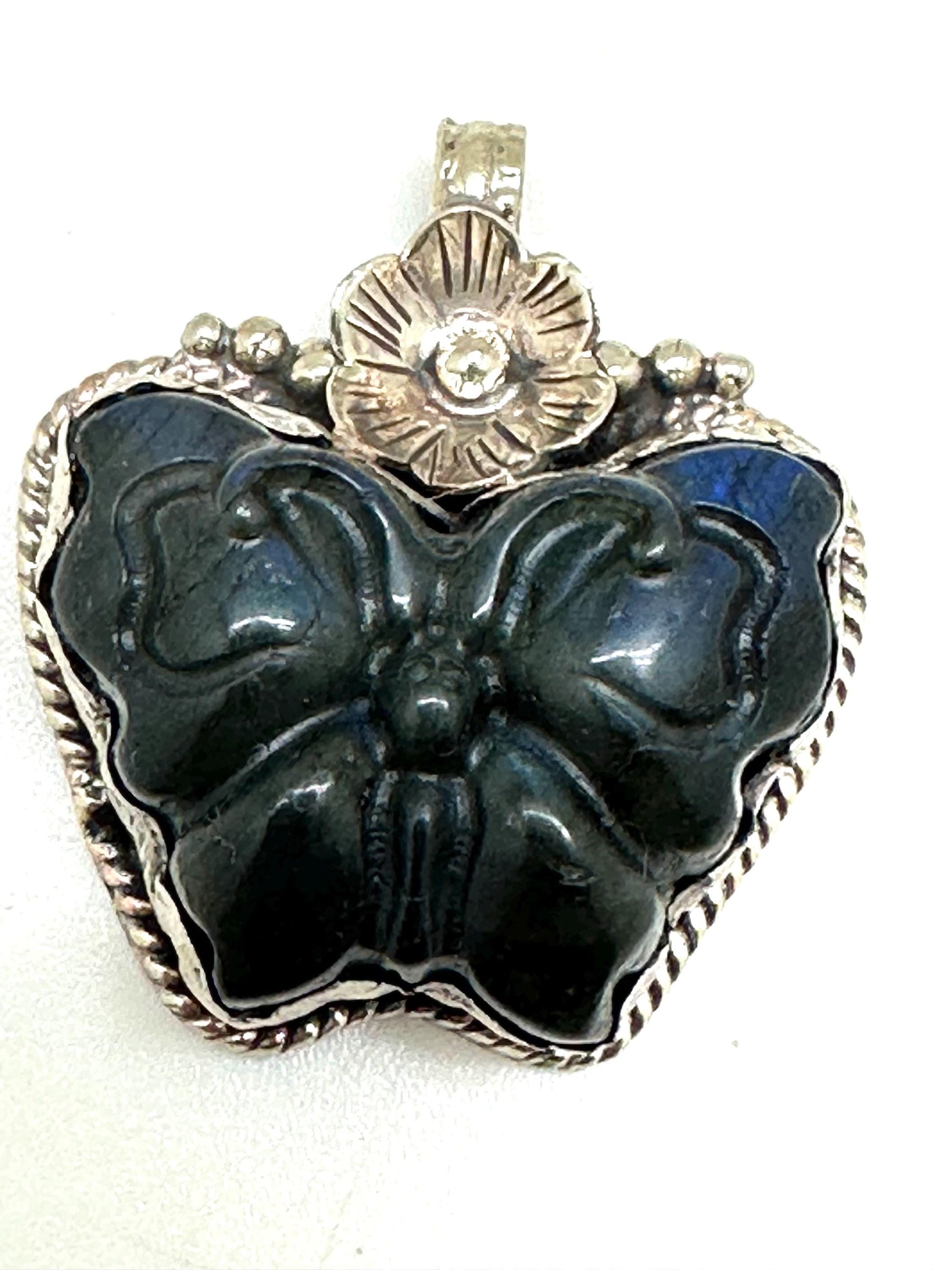 Handcrafted,Labradorite carved butterfly pendant, Tibetan silver,39.7mmX35mm