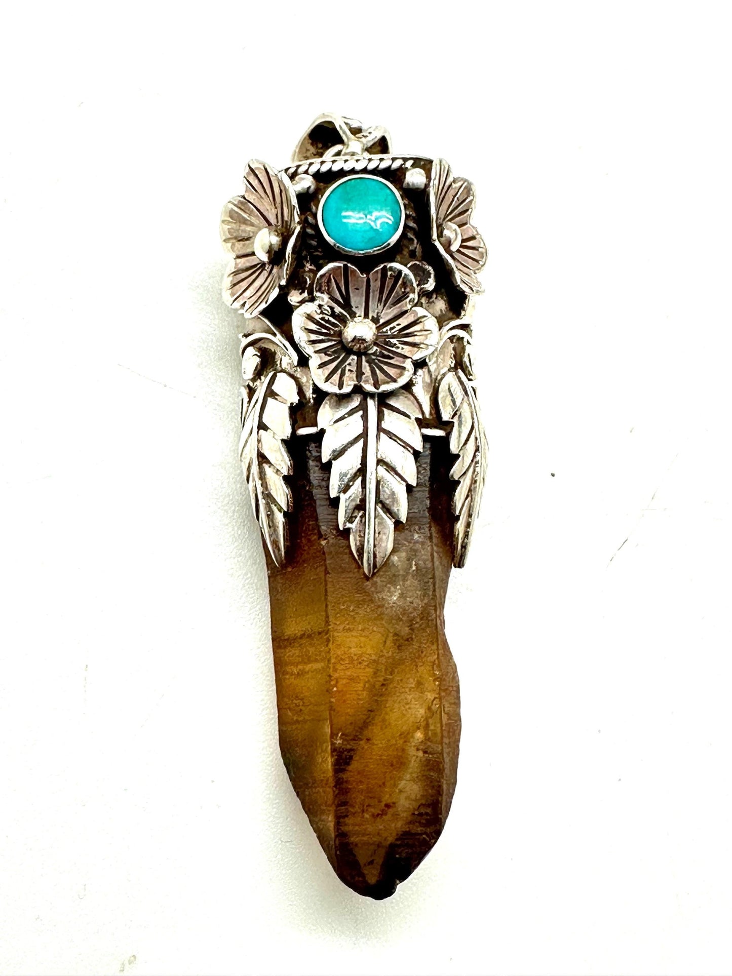 smoky quartz point pendant, turquoise,handcrafted,tibetan silver,69mmX17mm