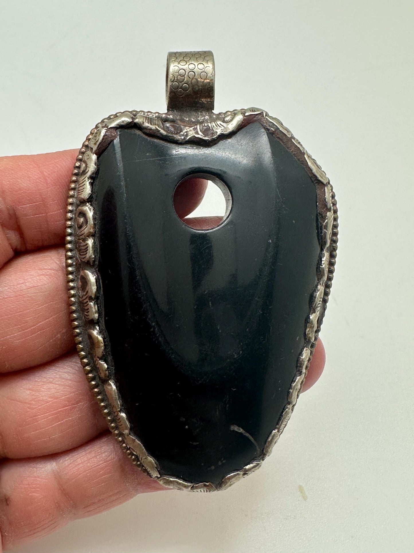Large Black obsidian pendant, handcrafted,Tibetan silver,ethnic design,Nepalese